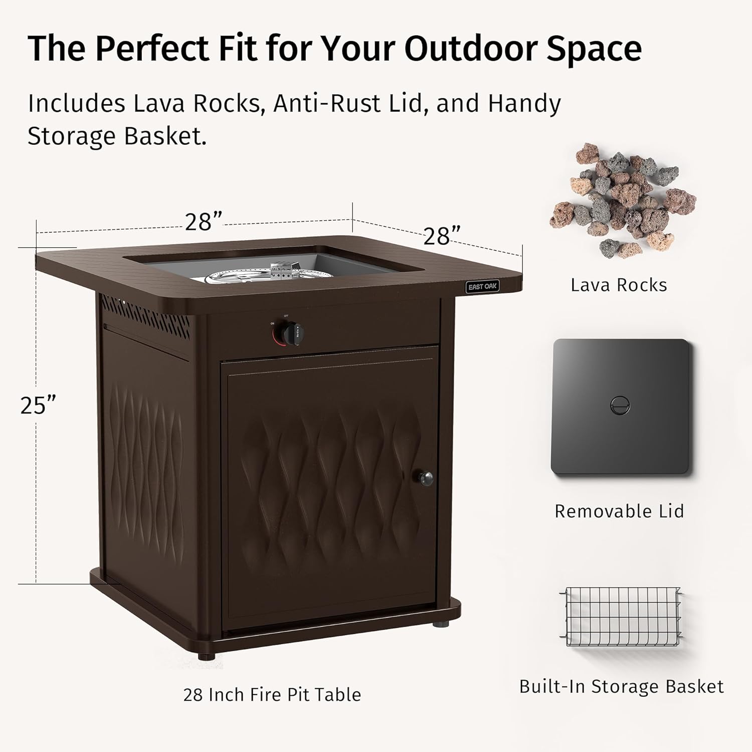 East Oak 28'' Propane Fire Pit Table, 50,000 BTU Steel Gas Fire Pit for Outdoor, Outside Patio Deck and Garden, CSA Certified Fire Table with Magnetic Lid, Cover-Storage Basket and Lava Rock, Brown