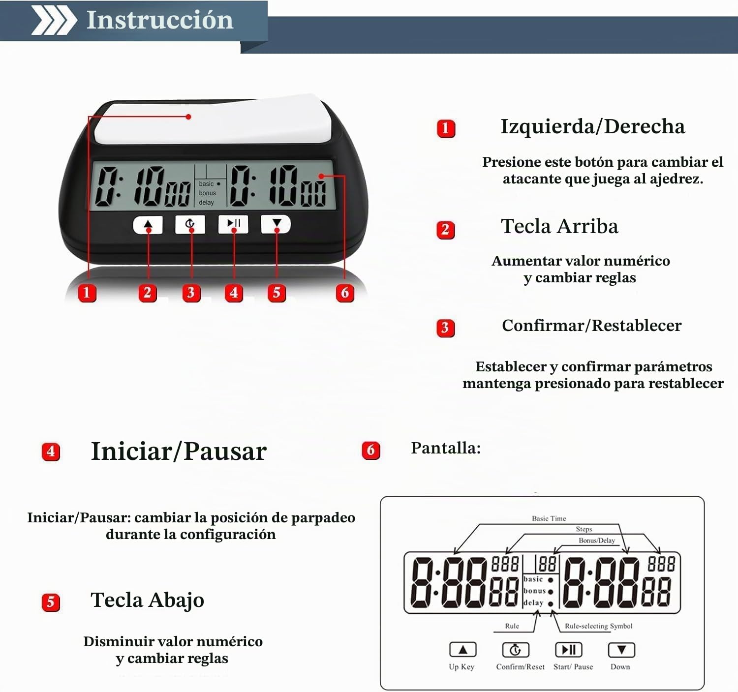 Temporizador De Reloj De Ajedrez Profesional con Alarma, Reloj De Ajedrez Portátil Multifunción 3 En 1 Temporizador De Ajedrez Profesional para Juegos De Mesa Reloj De Ajedrez