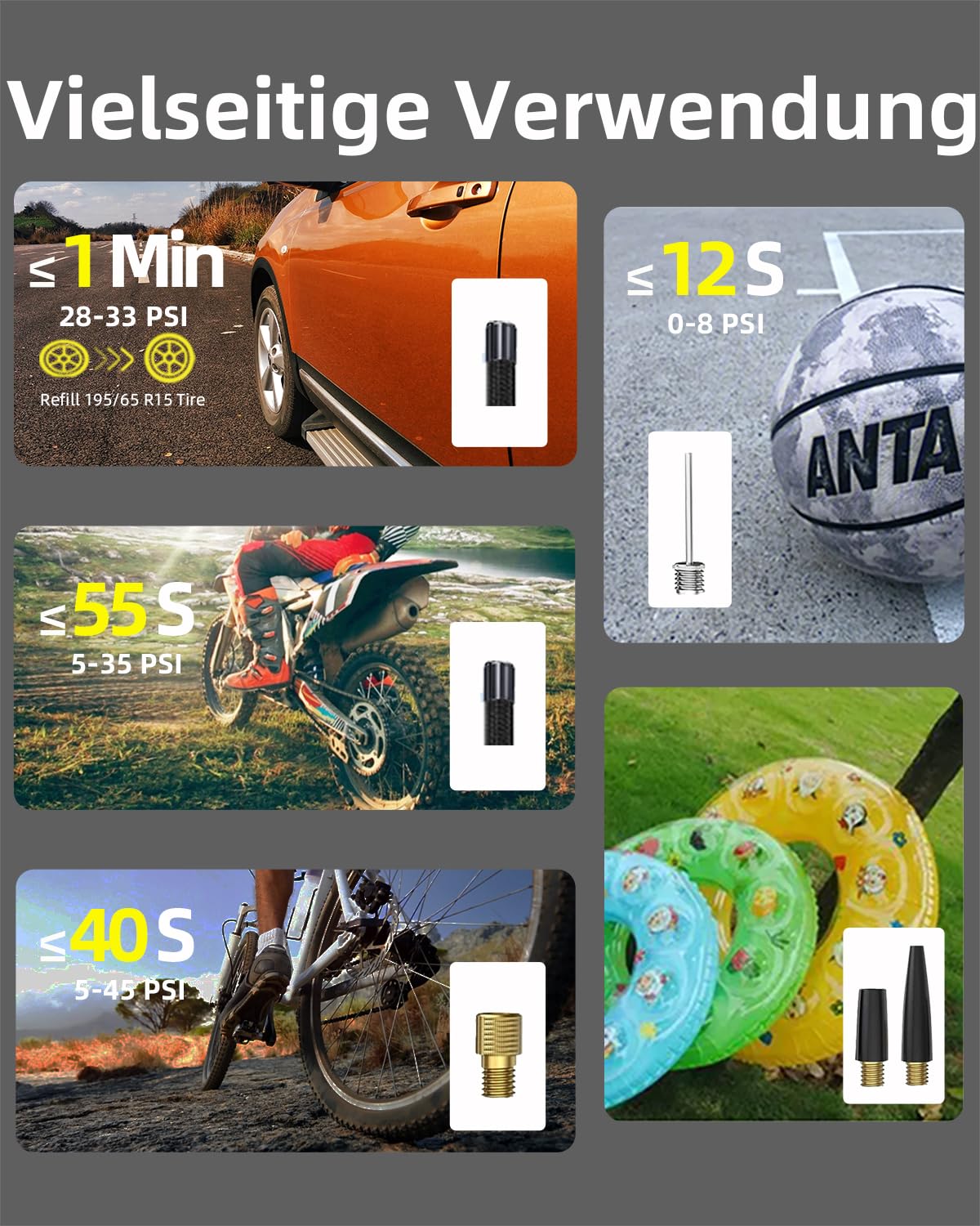 12000mAh Akku Luftpumpe Auto, 4X Schneller Mini Kompressor, 150PSI Fahrradpumpe Alle Ventile, Elektrische Luftpumpe Klein Mit Manometer/Lampe/Typ C, Für Motorrad/Fahrrad/Fußball