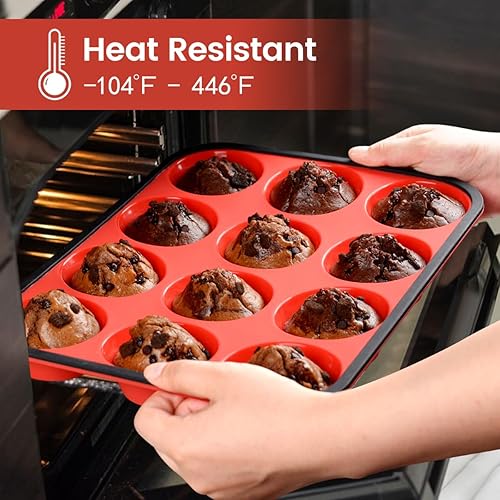 Miniatura 6 de CAKETIME Molde de silicona para magdalenas, 12 tazas de silicona para magdalenas, marco reforzado de metal, para hornear, huevos, muffins, desayuno,
