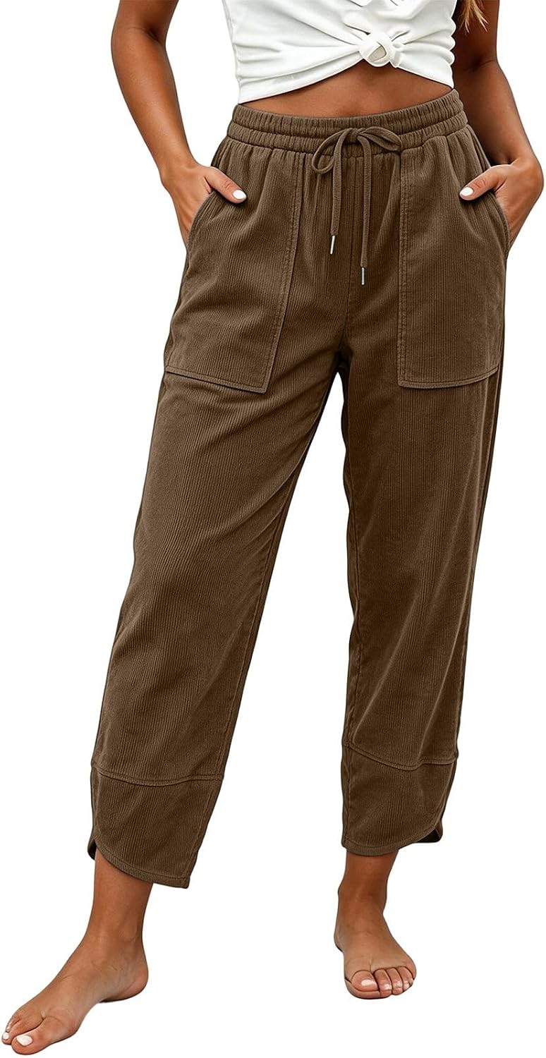 Womens Corduroy Tapered Pants High Waist Elastic Pants for Women