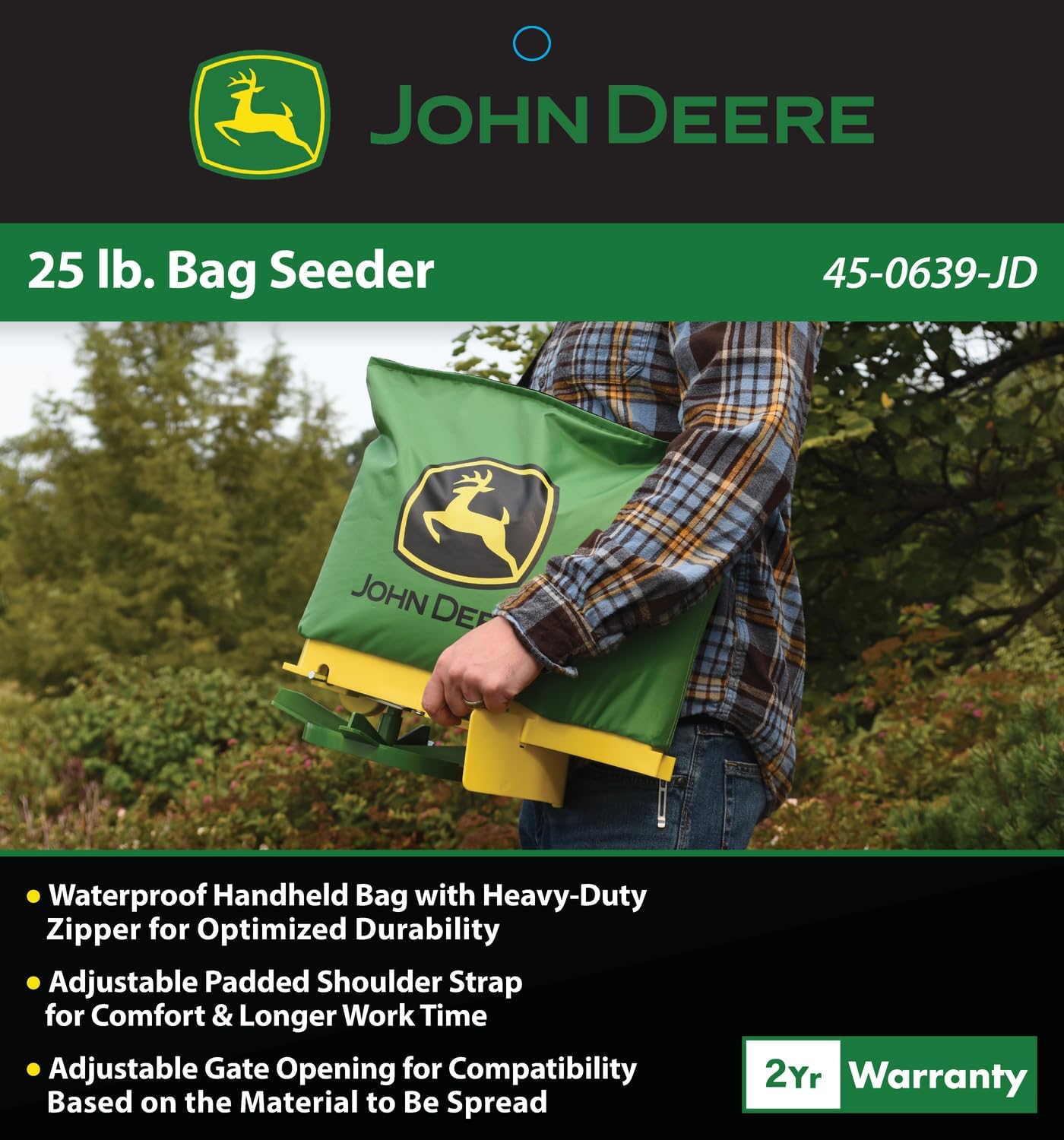 John Deere 25 lb Handheld Bag Seeder Spreader with Waterproof Bag, Enclosed Gears, Adjustable Shoulder Strap, Rear Baffle
