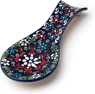 Hand Painted Turkish Ceramic Spoon Rest - Unique Embossed Design Craftsmanship Blue Spoon Holder - Decorative Colorful Spoon Rest - Kitchen Counter Utensils - Kitchen Decor and Accessories