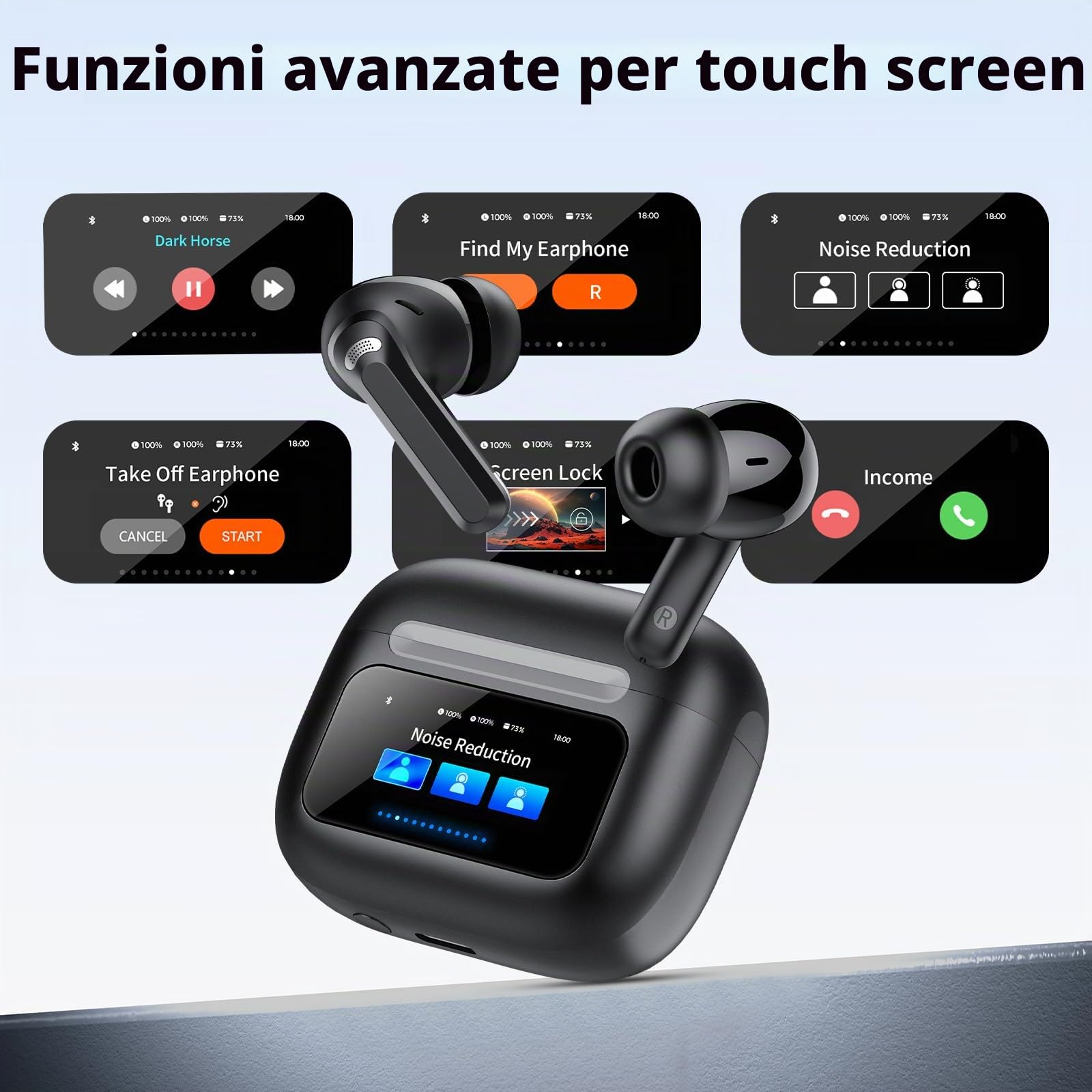 Antirumore Cuffie Bluetooth, Bluetooth 5.4 Con Touch Screen Multifunzione, 50 Ore Stereo HiFi Cuffie, 5 modalità EQ con ANC/ENC e cancellazione del rumore Cuffie, IP7 Impermeabile Auricolari Wireless