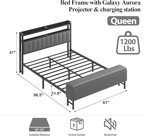 Vista 2 de Base de cama tamaño Queen con proyector de estrellas y estación de carga, plataforma tapizada de piel sintética con cabecera de almacenamiento de 2