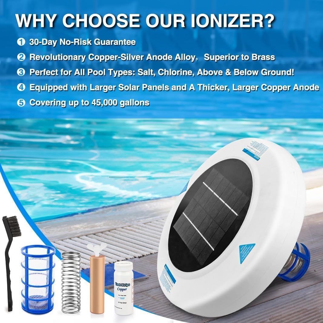 Solar Pool Ionizer for Inground & Above Ground Pools, Up to 45,000 Gallons, Floating Solar Water Clarifier, Large Solar Panel, Durable Copper Anode