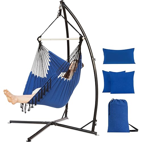 PNAEUT Hammock Chair with Stand Indoor Outdoor, Hanging Chair, Egg Swing Chair with Patented Adjustable Pillow, 2 Cushions, Bag, for Bedroom Balcony Patio, Stand 350lbs / Chair 500lbs Capacity (Navy)