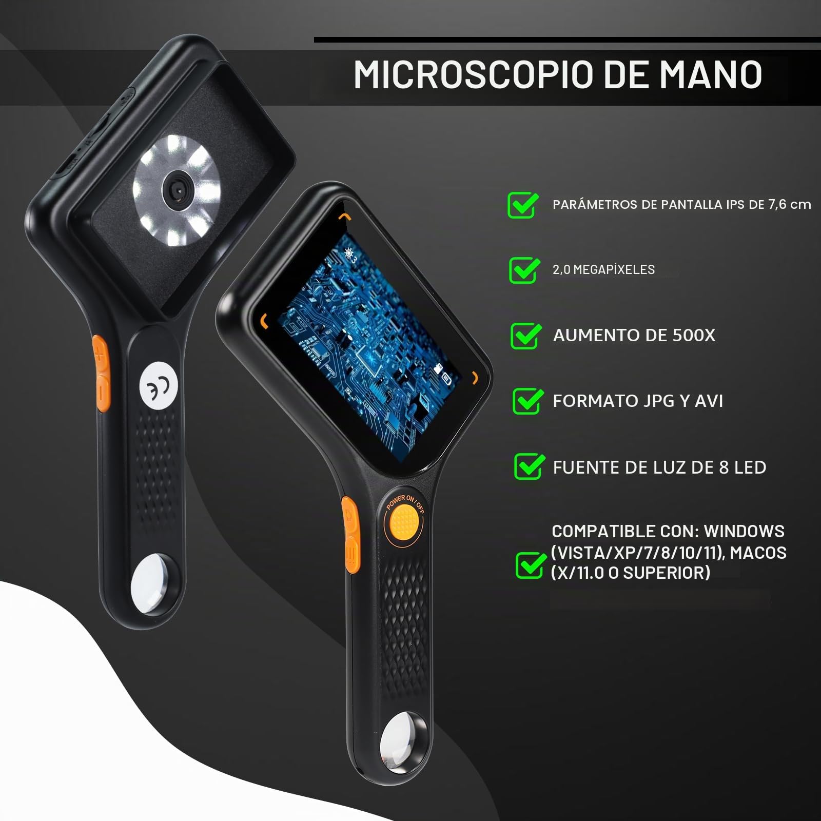 Microscopio digital 500X con pantalla IPS de 3 pulgadas, enfoque automático, 8 luces LED, ranura para tarjeta TF, lupa de mano portátil para monedas, PCB, inspección de joyas, proyectos educativos