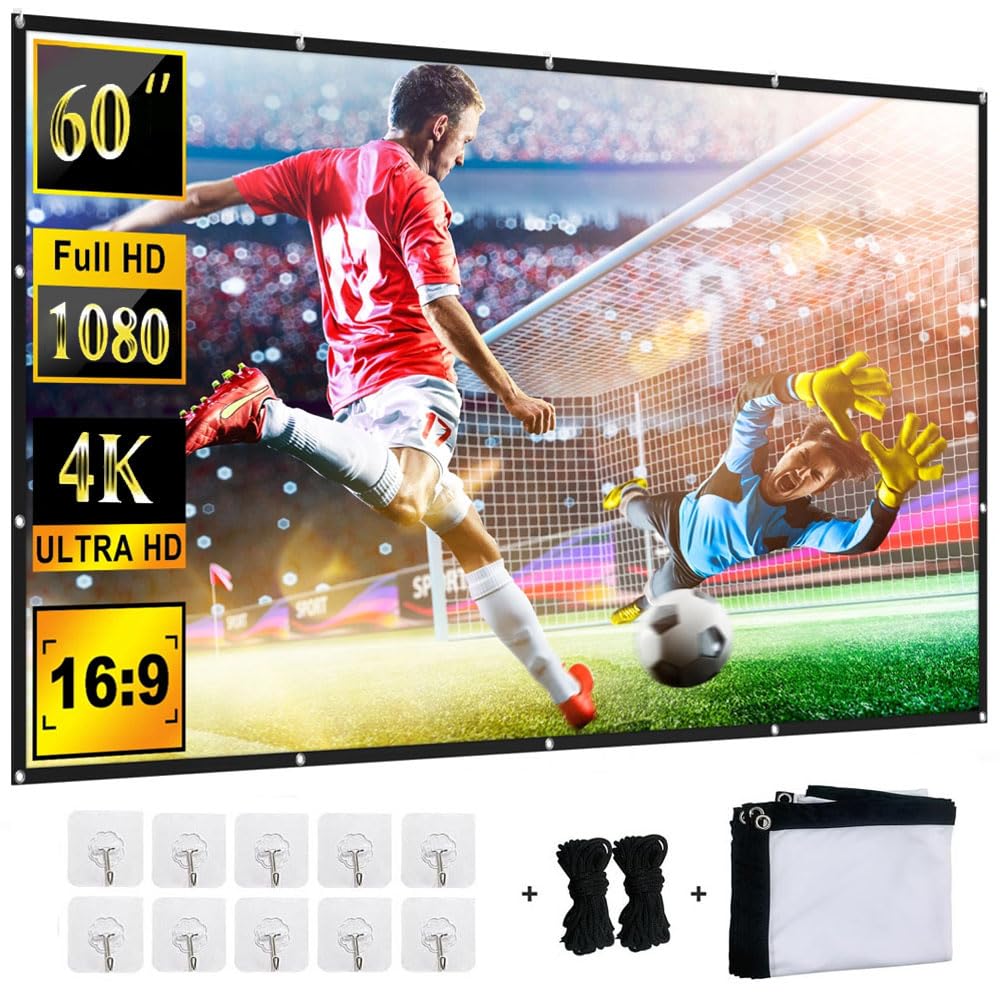 Pantalla para Proyector Plegable Portátil 60 Pulgadas, 16:9 4K HD Tela Proyectors Pantallas de Cine en Casa, Resistente al Agua Plegable Projector Screen para Camping Patio Exterior Interior
