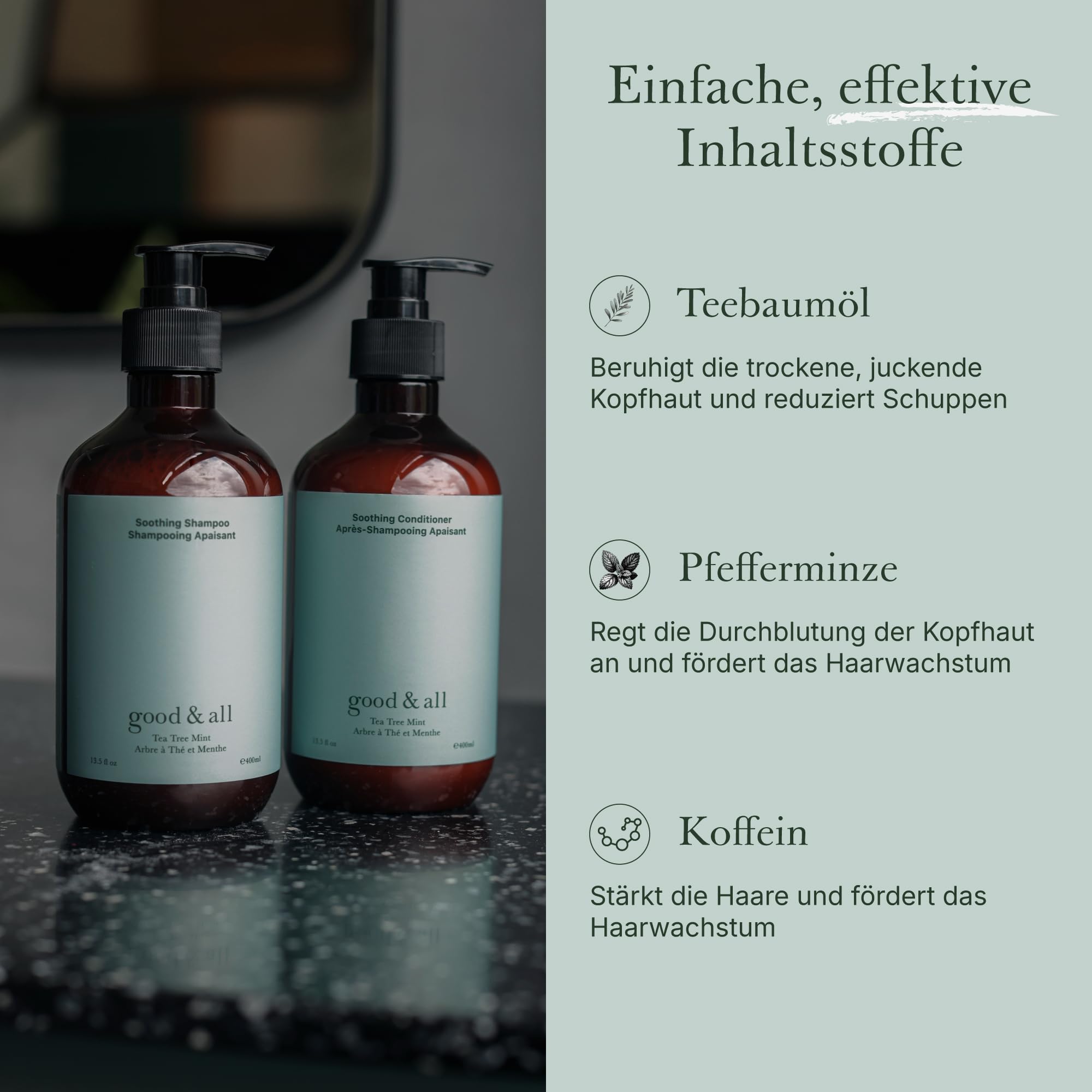 Good&All Shampoo & Conditioner Set für Trockene, Juckende Kopfhaut mit Teebaumöl, Pfefferminze - Sulfatfrei, Silikonfrei, Parabenfrei - 400ml