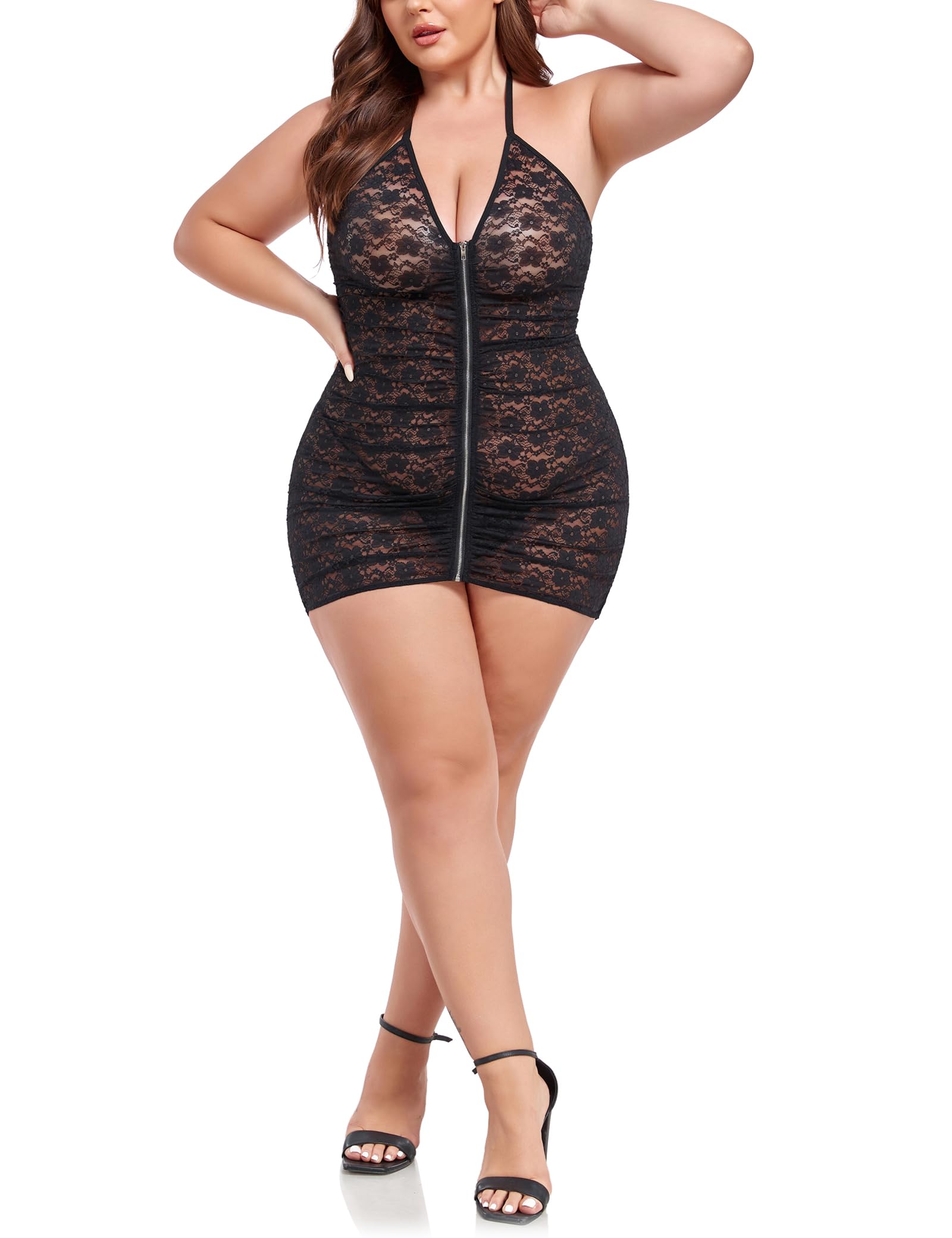 Plus Size Sheer Stretch Mesh Babydoll Dress Zipper Shirring Halter Chemise Curvy Sexy Lingerie for Women: Lace Rose 4X-Large