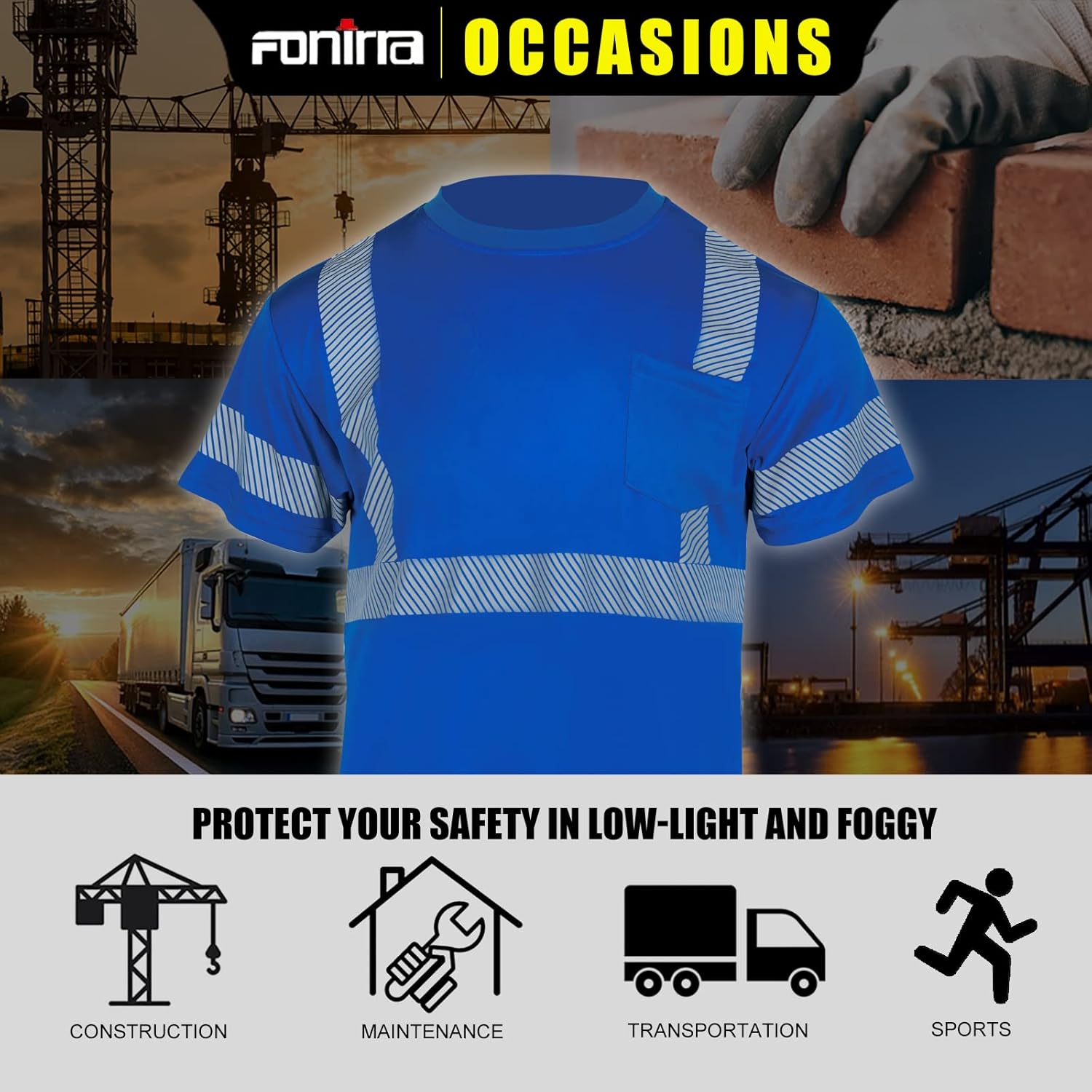 FONIRRA Hi Vis Safety T Shirts with Pocket for Men Work ANSI Class 2 Reflective Short Long Sleeve - Image 8
