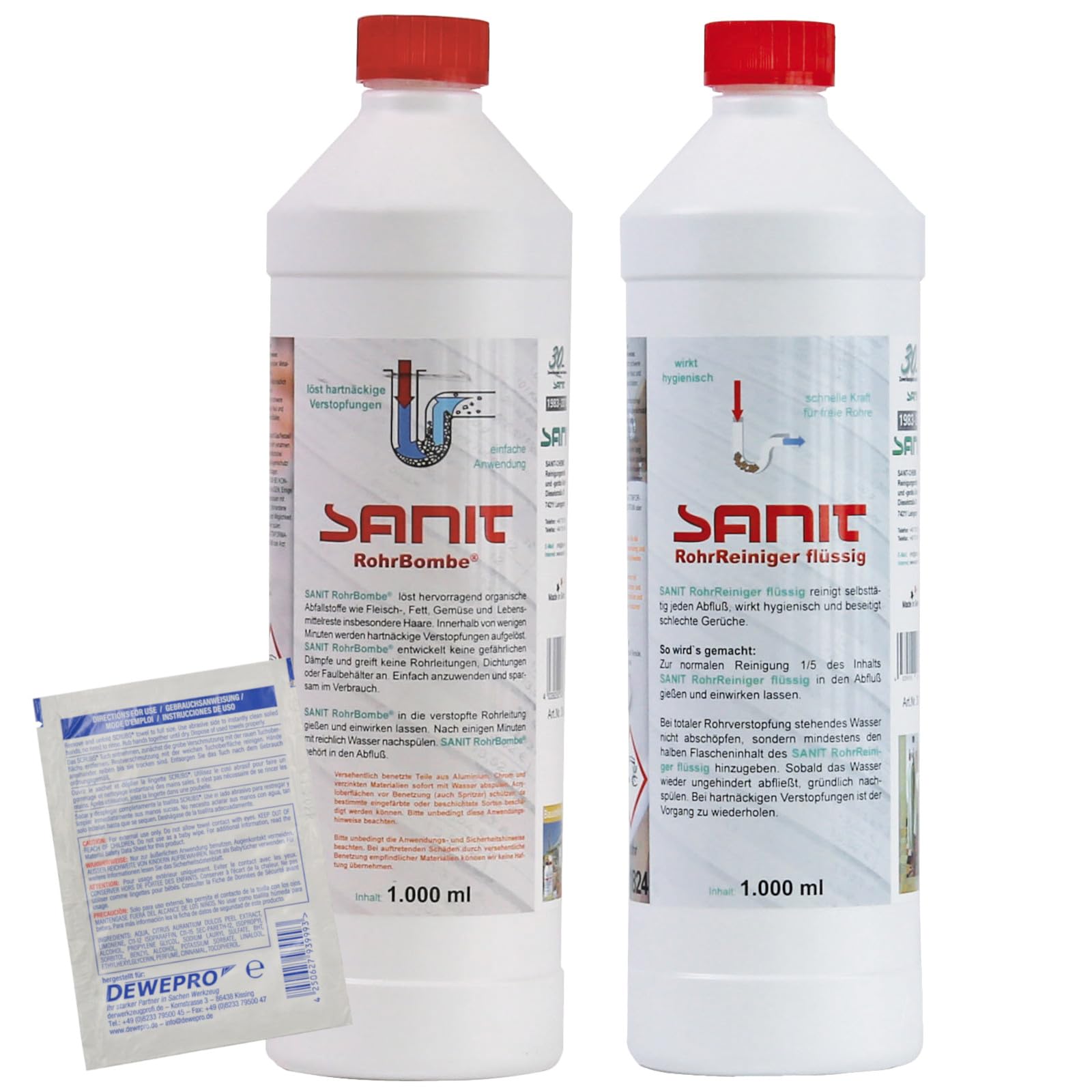 DEWEPRO-Set: SANIT RohrBombe und SANIT Rohrreiniger flüssig - je 1000ml - perfektes Set zum Lösen von Verstopfungen und anschließendem Reinigen - inkl. 1 St. DEWEPRO® Single Scrubs