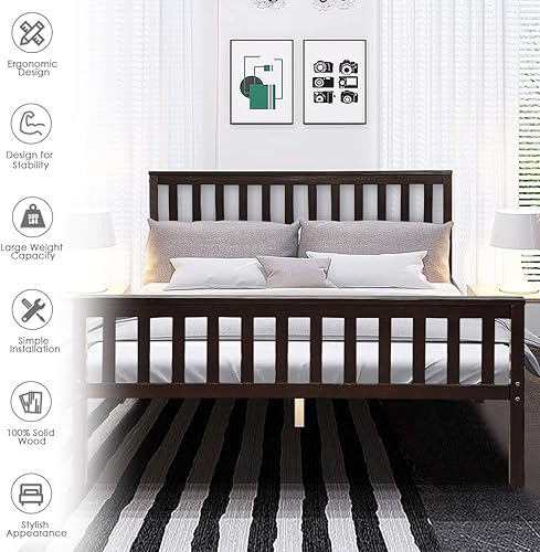 Miniatura 5 de Giantex Base de cama de plataforma Queen, marco de cama de madera maciza de lujo con cabecero y estribo, base de colchón de soporte de listones de
