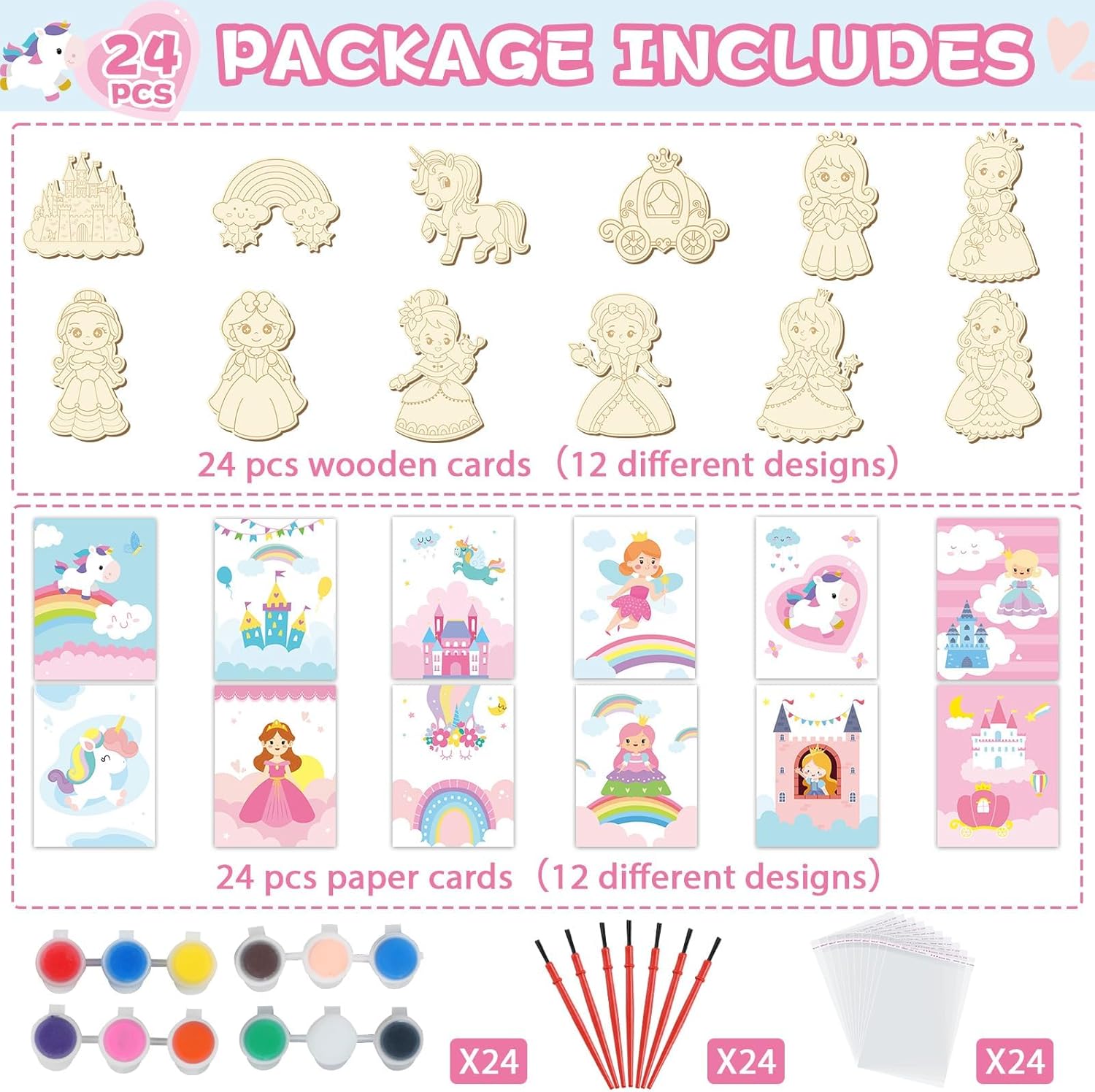 24Pcs Princess Party Favors Birthday Supplies Decorations-Cards with Art Crafts Castle Fairies DIY Wooden Painting Craft Kits Thank You for Coming Gifts Bulk Goodie Bags Stuffers Prizes for Kids Girls