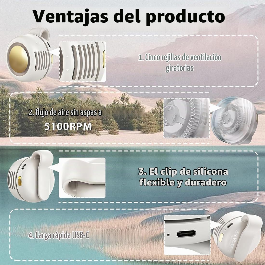 Mini ventilador portátil sin aspas con clip, mini ventiladores silenciosos de 3 velocidades, mini ventilador giratorio de 360° recargable por USB, ventilador de clip con USB-C, adecuado para