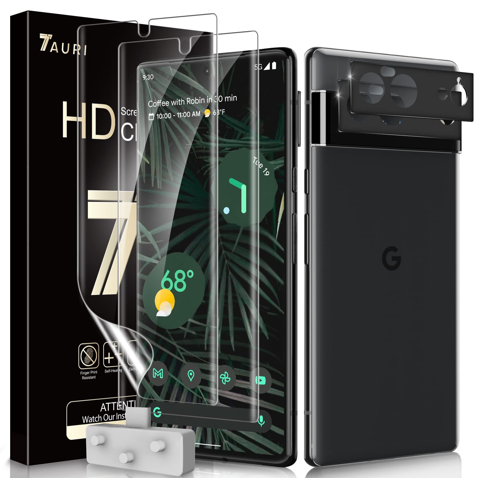 TAURI [2+2 Pack] Compatible with Google Pixel 6 Pro 5G 6.71 - inch, 2 Pack Flexible TPU Screen Protector + 2 Pack Camera Lens Protector Support Fingerprint Unlock Easy Installation Bubble Free
