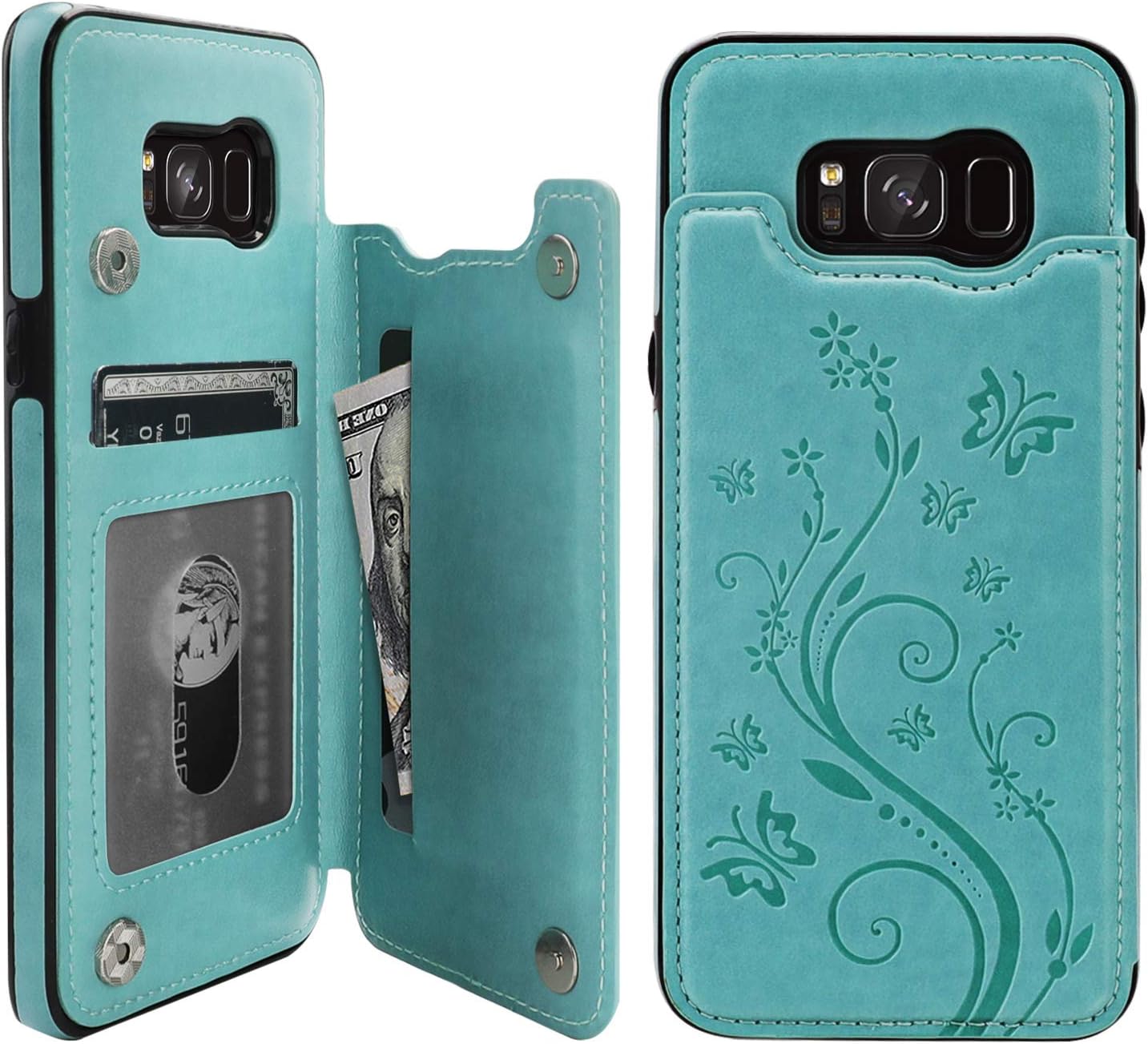 Vaburs S8 Plus Case Wallet with Card Holder, Embossed Butterfly Premium PU Leather Double Magnetic Buttons Flip Shockproof Protective Case Cover for Samsung Galaxy S8 Plus (Green)