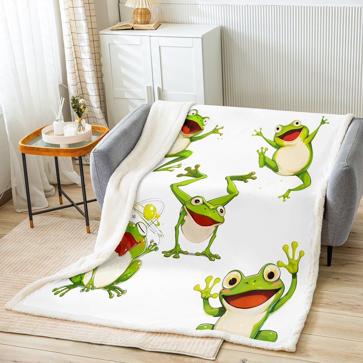 Homemissing Cartoon Frog Sherpa Blanket 40"x50" Kawaii Decor Fleece Throw Blanket for Kids Boys Girls Decor Tropical Amphibian Plush Blanket Animal Print Green Fuzzy Blanket