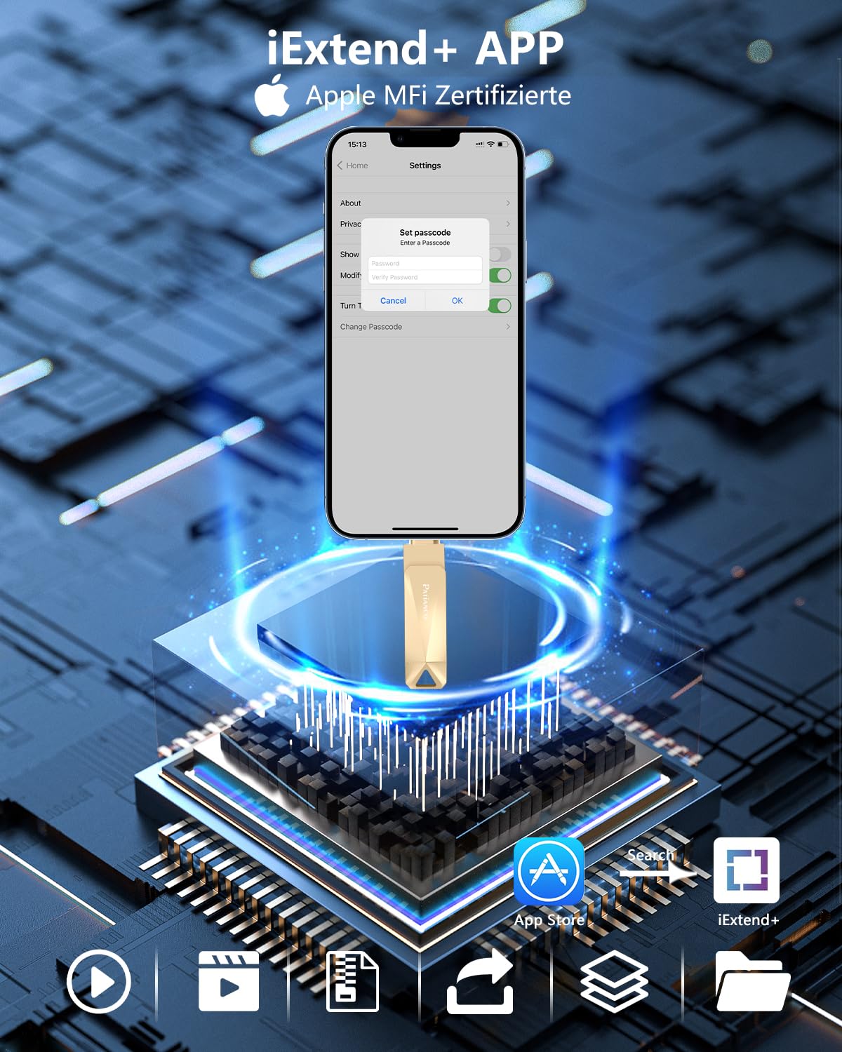 Patianco Chiavetta USB per iPhone 256GB [MFi Certified] USB 3.0 Pendrive per Lightning Chiave USB C Memoria Stick 3 in 1 Backup Rapido con un Clic per OTG Android/Mac/PC/Type C-iPhone/iPad(256GB,Oro)