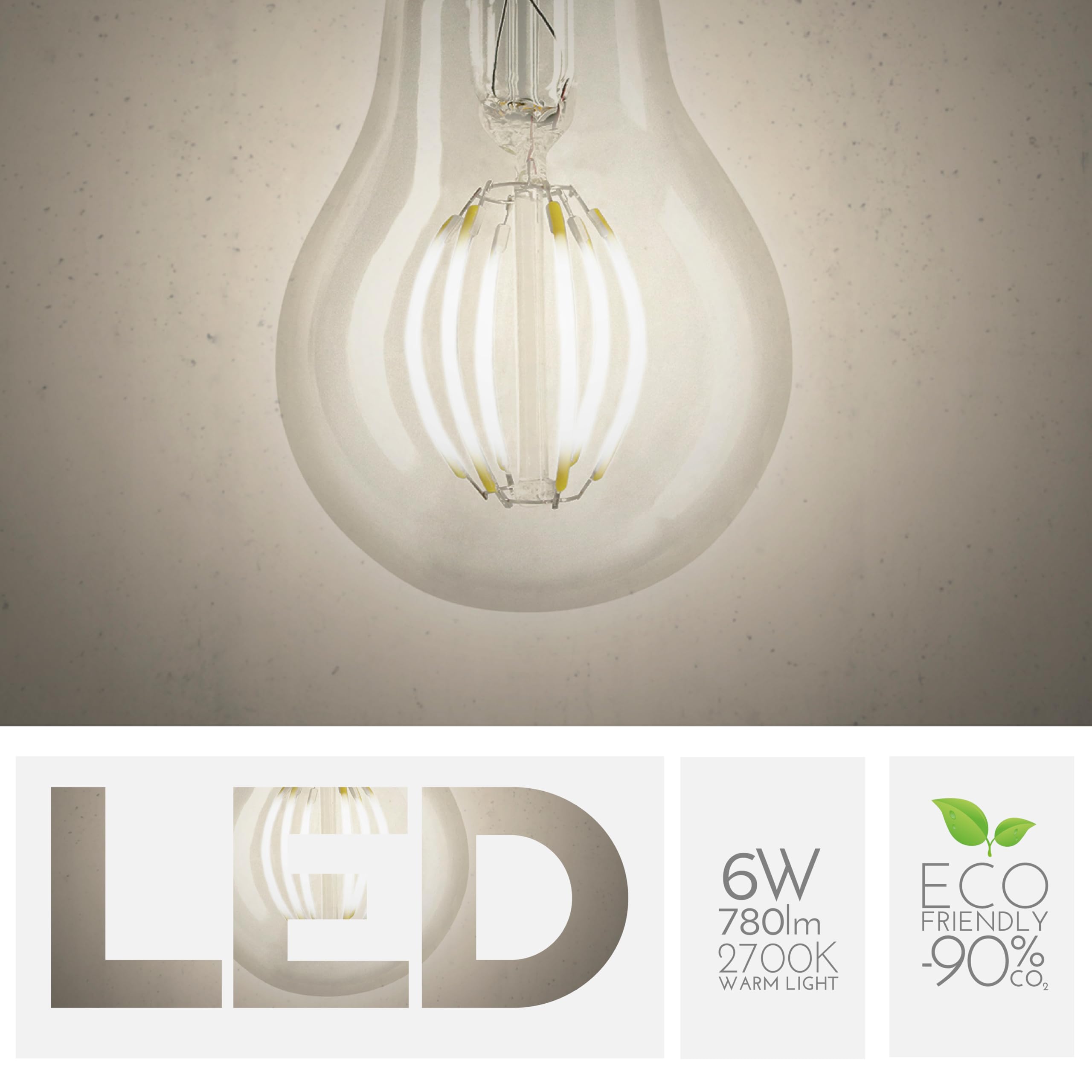 Lampadina Goccia 6W Pari a 60W, E27, Vetro Trasparente, 2700K Luce Calda, Filamento Curvo, 780 Lumen, Pack 10 Pezzi