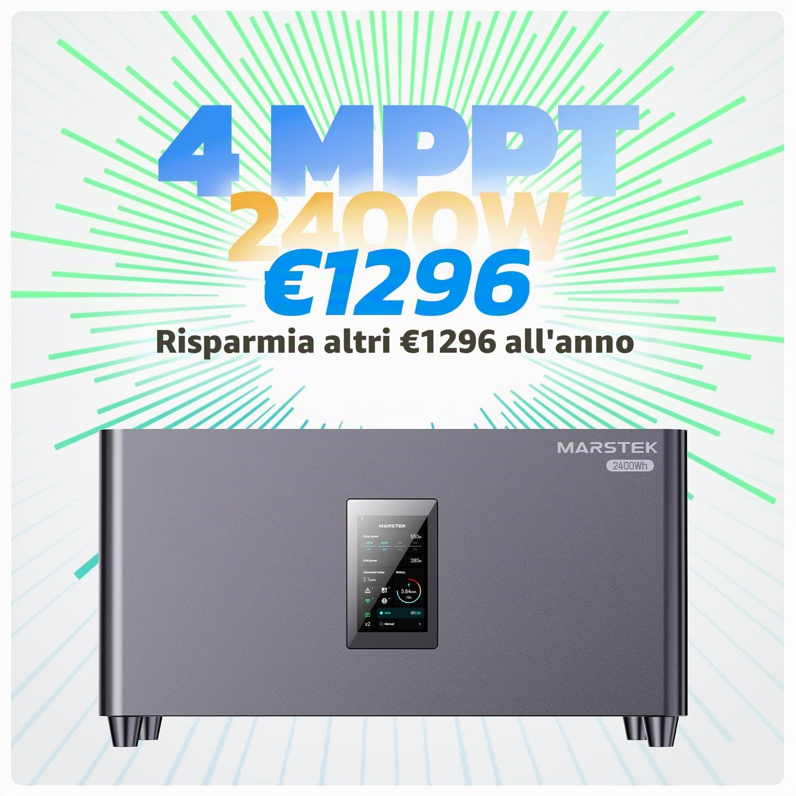 MARSTEK Centrale elettrica da balcone all-in-one con accumulo, 4 MPPT ingresso solare 2400W, capacità batteria 2.56kWh, 6000 cicli di ricarica, batteria LFP, con APP, Plug&Play, 0% IVA (Jupiter C plus