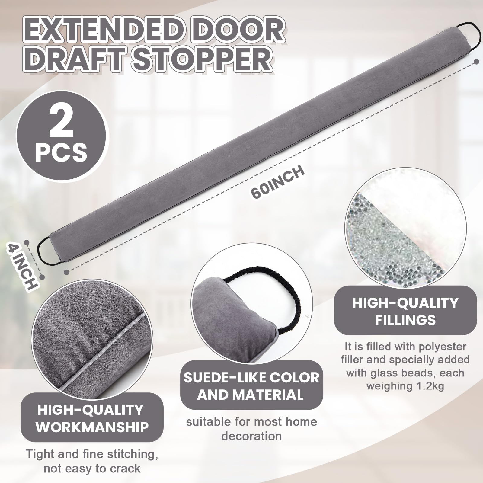 Gisafai 2 Stück 152,4 cm langer Tür-Zugluftstopper unter der Tür, Zugluftblocker, Geräusch-Windstopper für Zuhause, Balkon, Büro, grau