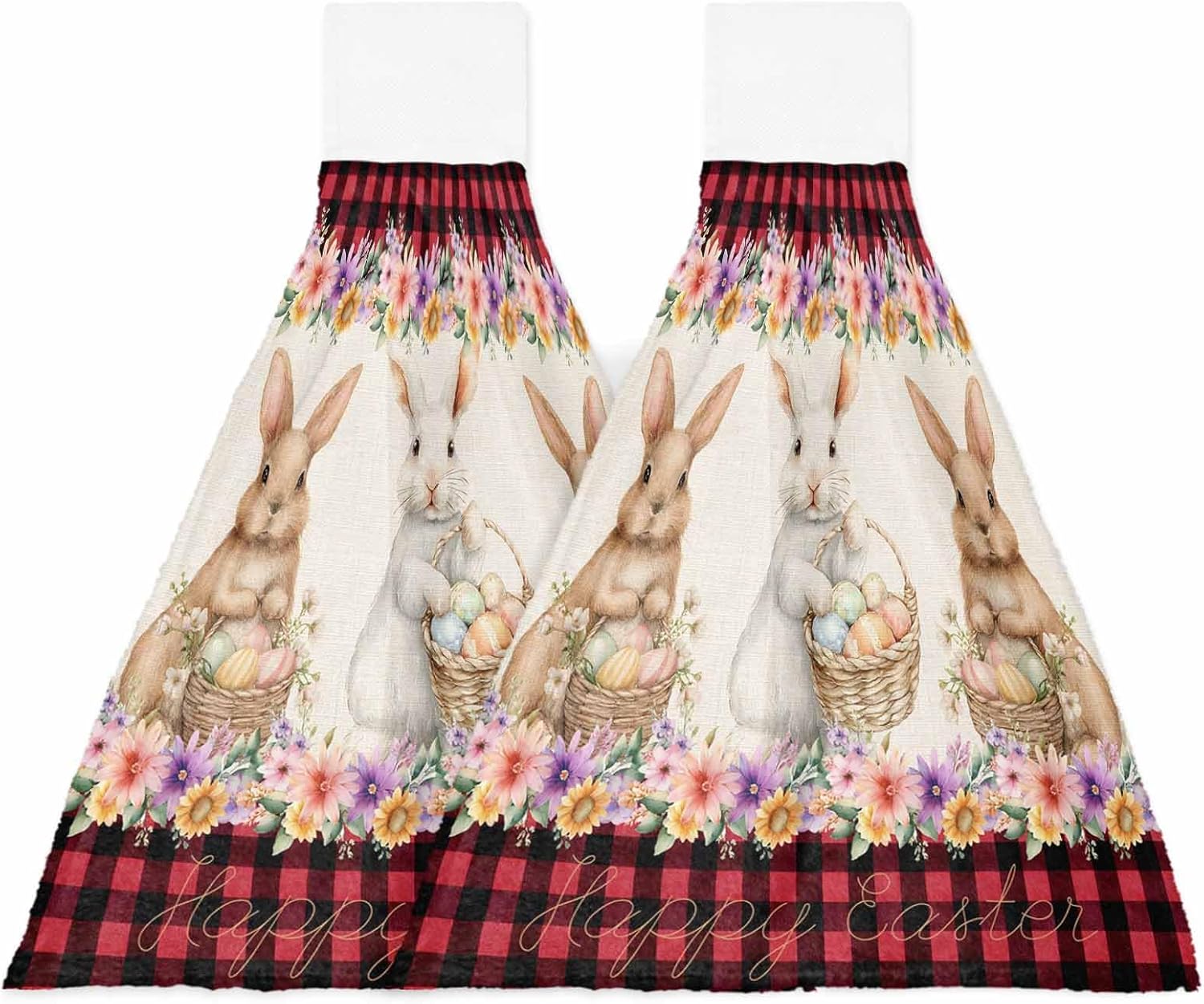 Easter Bunny Eggs Kitchen Hand Towels with Hanging Loops Set of 2 Spring Flowers Rabbits Plants Retro Beige Soft Thick Oven Fingertip Dry Microfiber Tie Dish Towel Absorbent Cleaning Washcloth