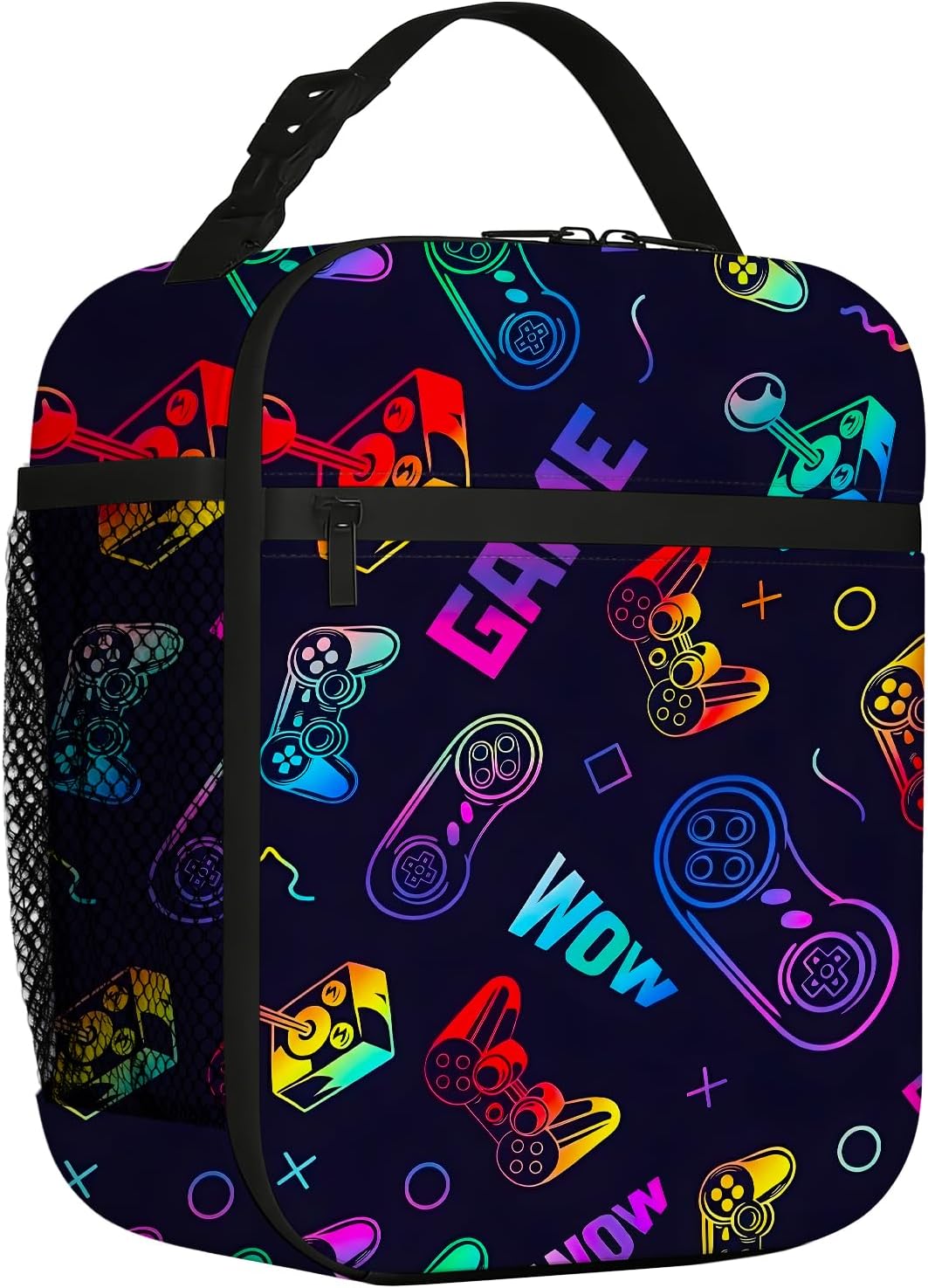 Game Lunch Bag for Boys, Packed Lunch Bag with Side Bottle Holder, Insulated Leakproof Lunch Box with Neon Graffiti, Lightweight Lunch Box for School Work and Camping