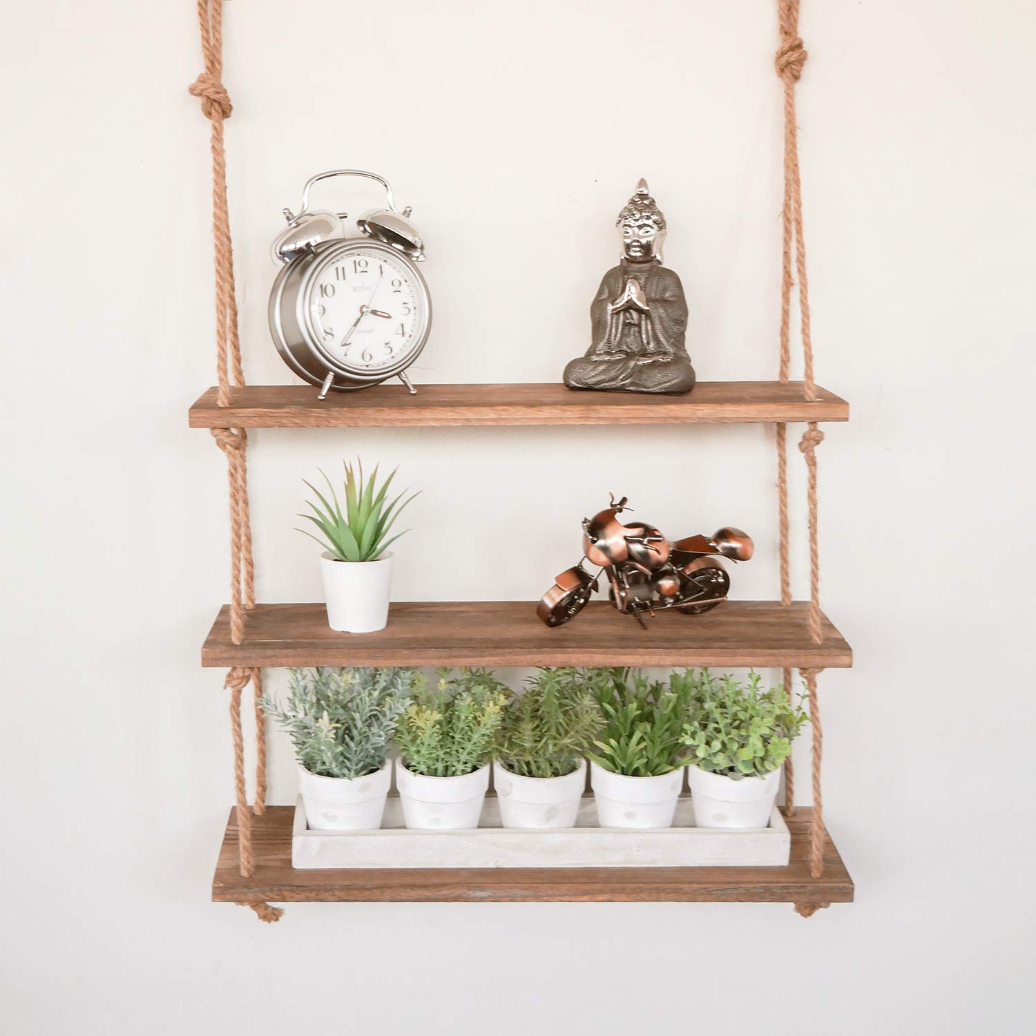 HomeZone® 3 Tier Vintage Shabby Chic Shelving With Rope Shelf Rustic