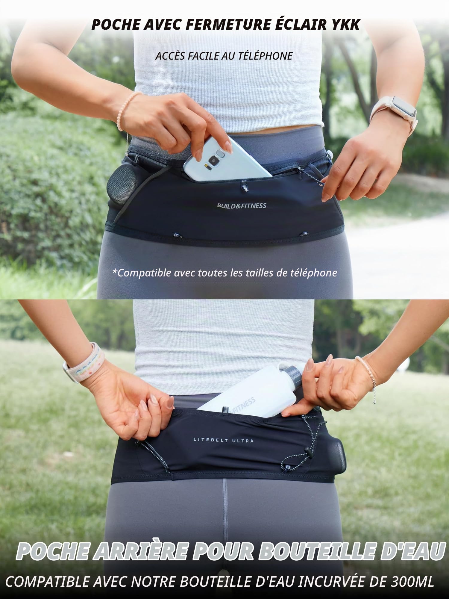 Ceinture de Running zippée Build & Fitness LITEBELT Ultra – Légère et réfléchissante. Porte-téléphone zippé YKK, 5 Poches à Chargement par Le Haut pour gels, Bouteille d'eau et Porte-clés