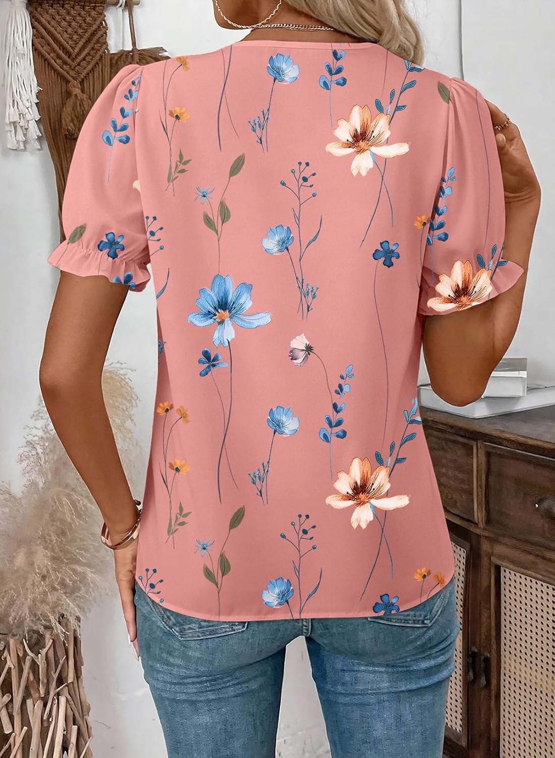 SHEWIN Womens Blouses Dressy Casual Lace V Neck Floral Tops Pulllover Short Sleeve Shirts Cute Summer Tops for Women 2026 - Image 3