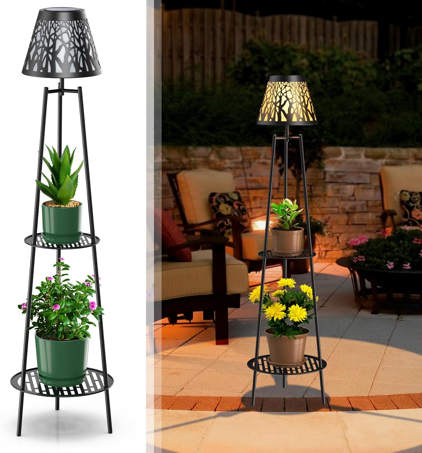 2 Pack Metal Solar Floor Lights Outdoor with Plant Stands, 45.5'' Solar Powered Street Lights, Solar Lantern for Garden Yard Pathway Driveway Porch