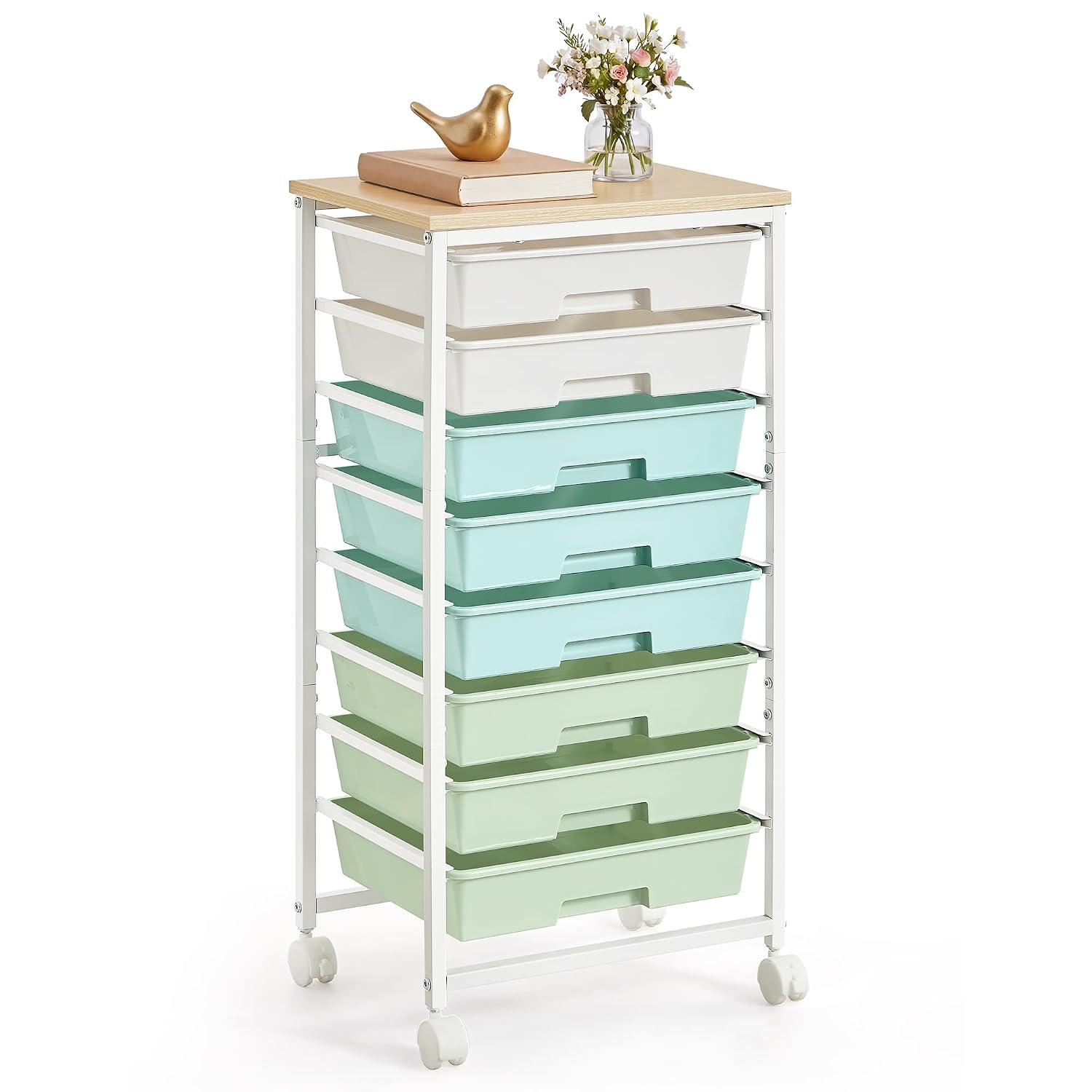 VASAGLE 8-Drawer Rolling Cart, Wood Top Storage Cart, Utility Trolley with Wheels, 15.6 x 11.2 x 30.1 in, for Office Craft Room, Green and White, Benco Collection ULRC006C101
