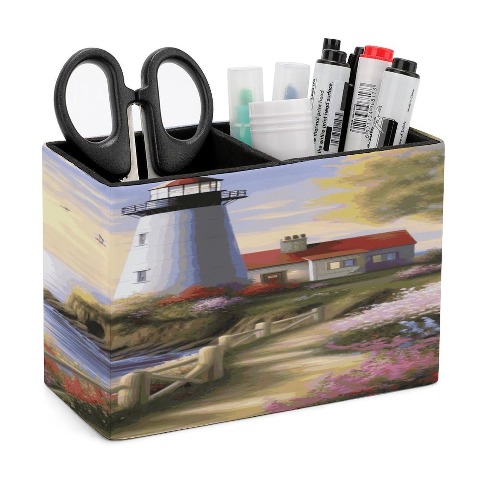 Pinceaux de maquillage et stylos rangés grâce au pot en cuir phare de bureau