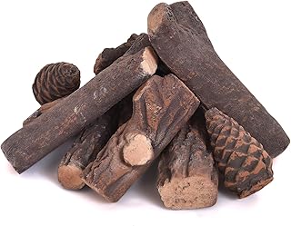 HAPPYGRILL Gas Fireplace Logs, 9 Piece Set of Ceramic Wood Logs for Indoor, Gas Inserts, Vented, Electric or Outdoor Fireplaces & Fire Pits
