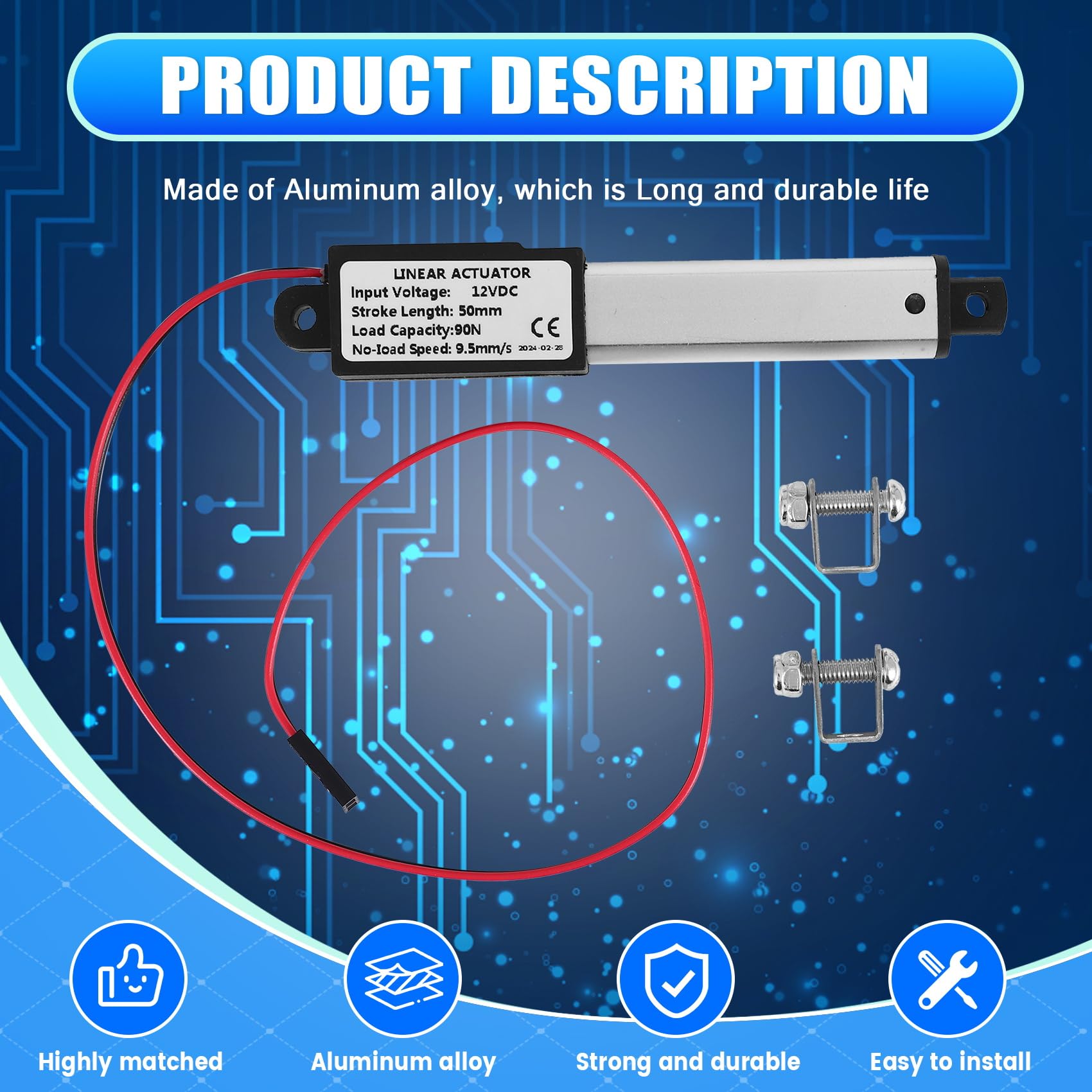 Actionneur Micro-LinéAire, Course de 2 Pouces, 90N/20.3Lb, Vitesse 9.5Mm/S Actionneur LinéAire de Moteur D'Actionneur éTanche éLectrique 12V