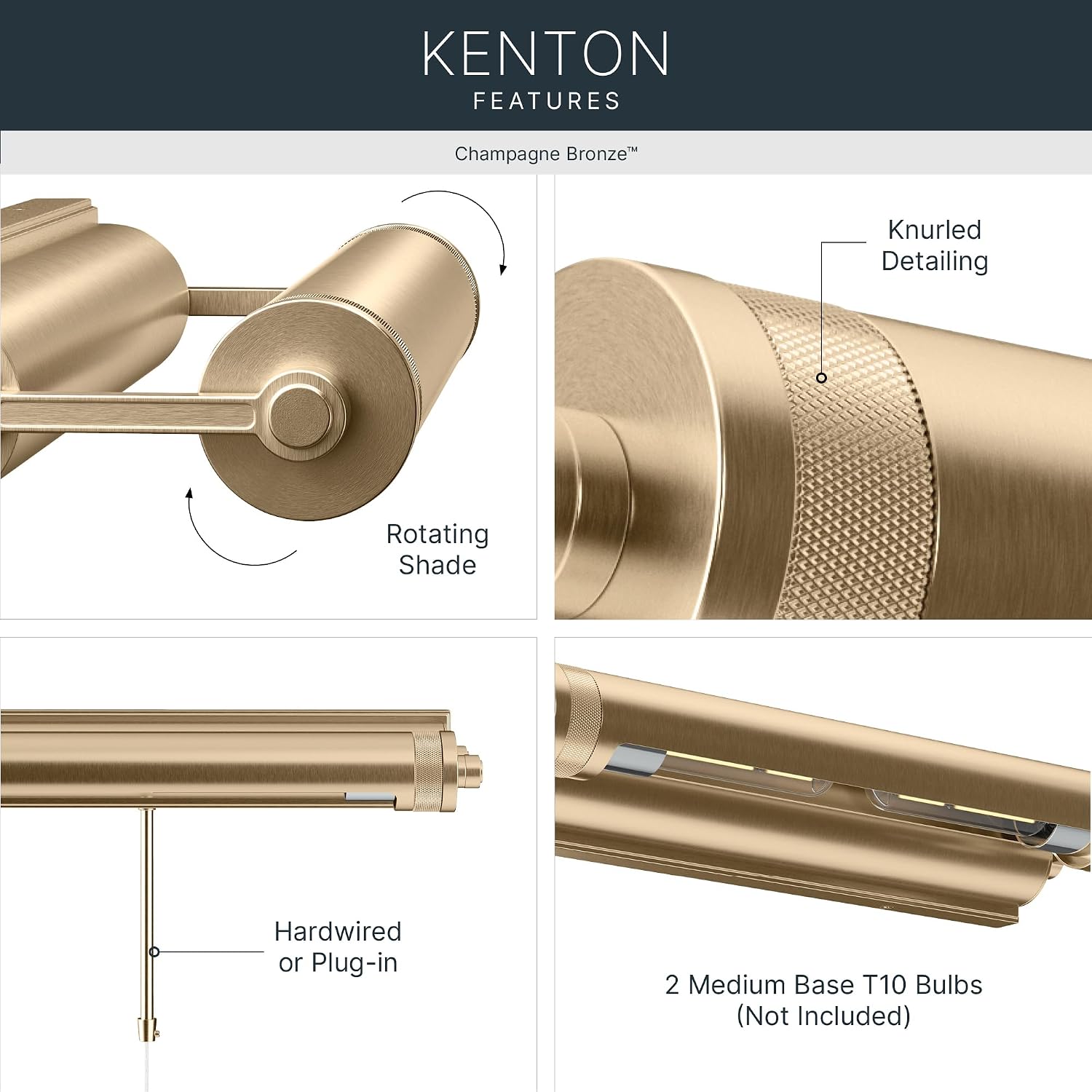 Kichler Kenton 18 Inch 2 Light Luxe Industrial Picture Light, in Champagne Bronze with Adjustable Shade, Wall Mount Horizontally, (18" W x 2.75" H), 52814CPZ