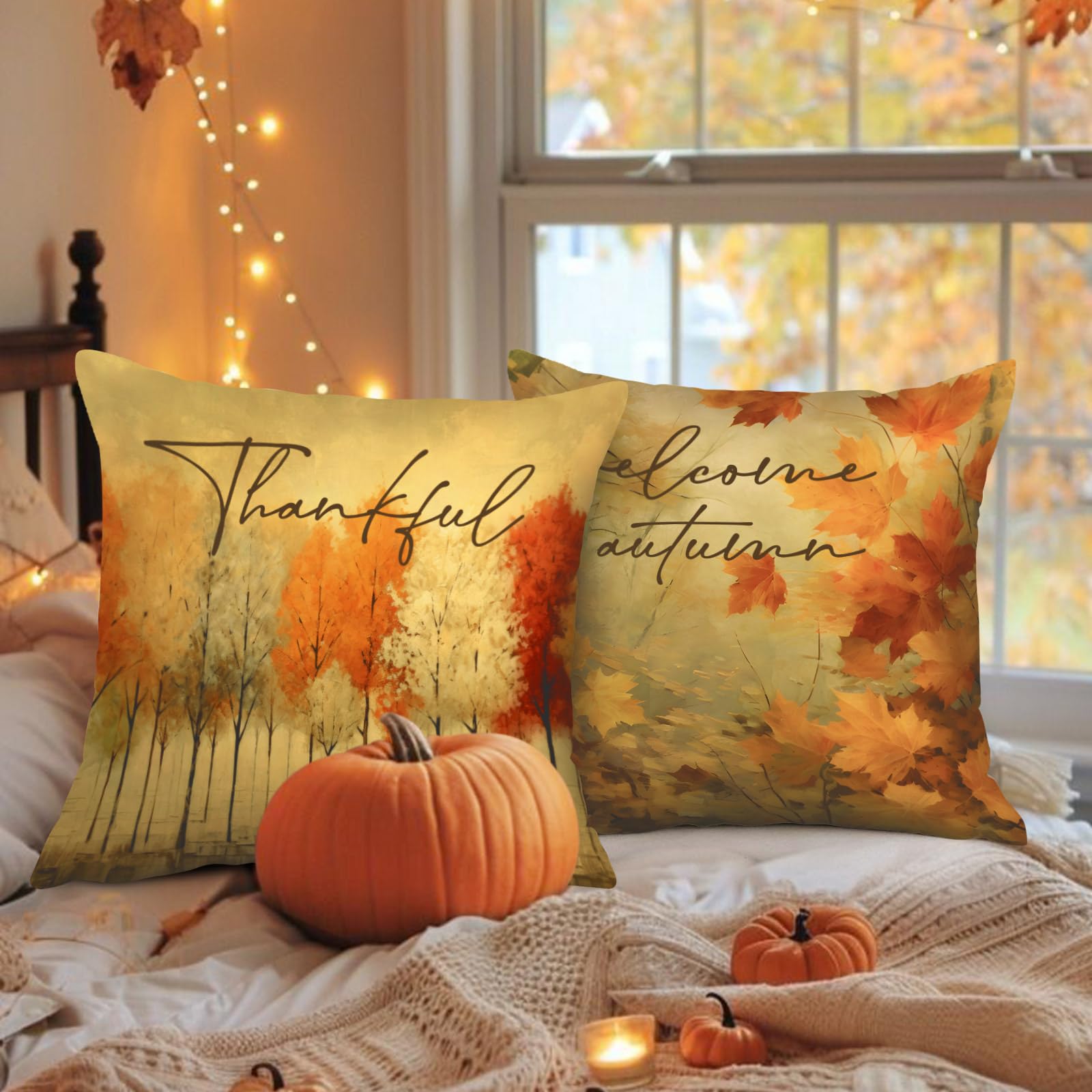 Benjia Juego de 4 Fundas Cojin Otoño 45x45 cm, Acuarela Calabaza Forest Hoja de Arce Fundas de Almohada día de Gracias Halloween sofá Decoración Hogar 45 x 45 cm Decorativa de Almohada de Vacaciones