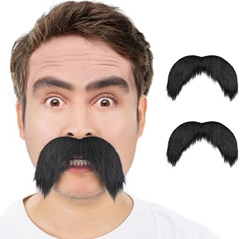 2PCS Black Fake Mustache, Self Adhesive Fake Beard, Novelty Realistic Facial Hair for Cosplay Costume and Festival Party