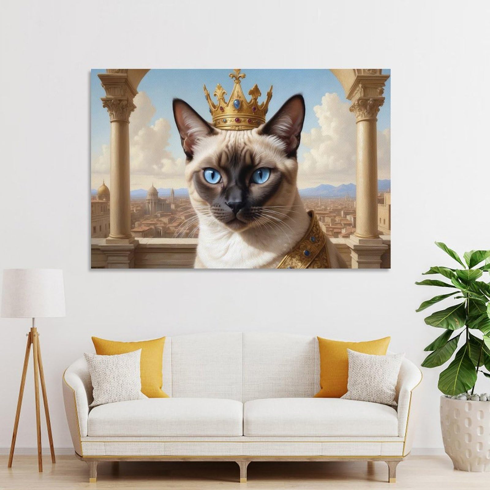 Junmoney Wall Art Print Regal Siamese Cat with Crown, 24x36inch(60x90cm), for Picture Wall Styling in Lounge Or Bedroom, Wall Decor Suited to Curated Displays