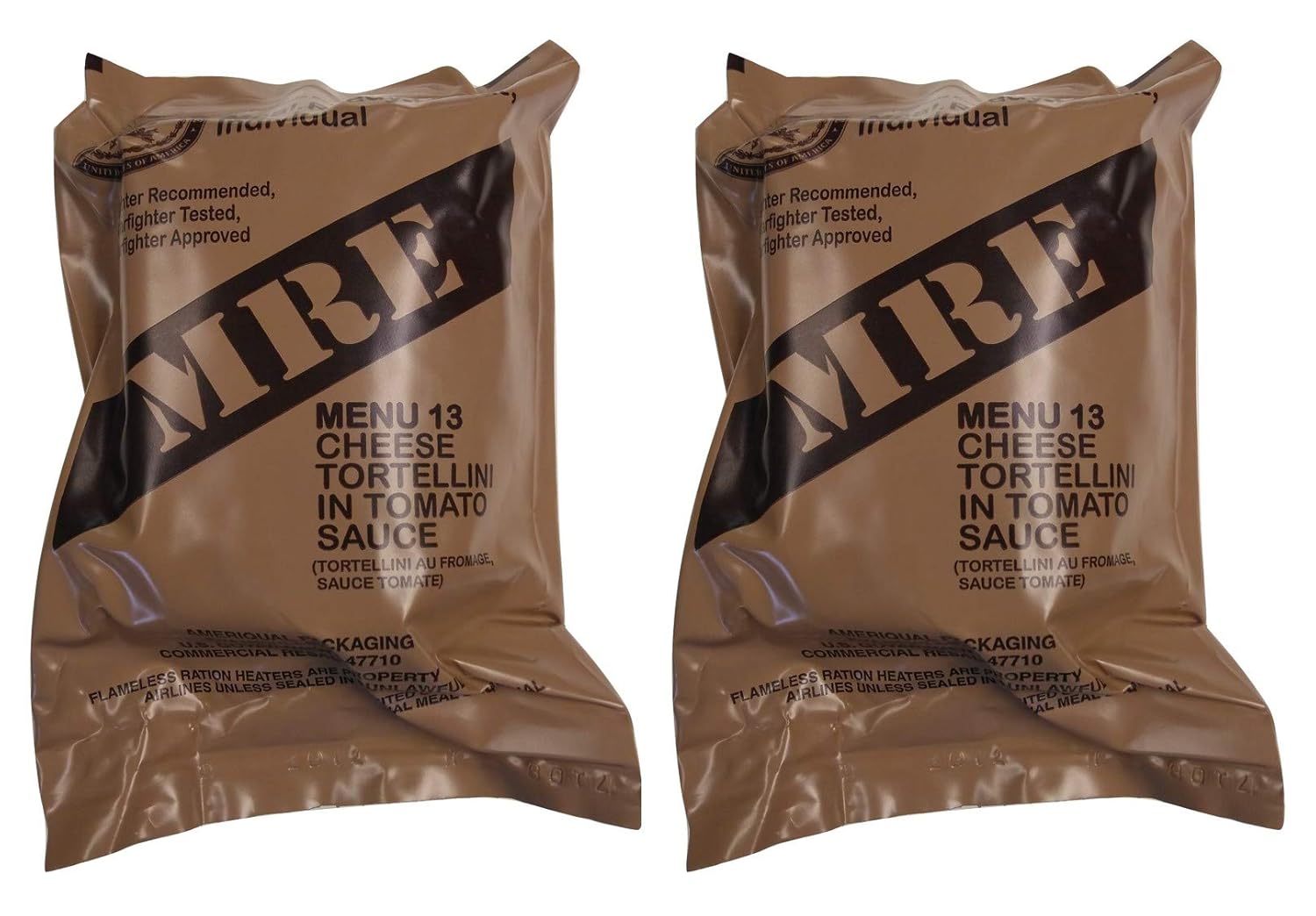 TWO (2) NEW MRE's 2020 - 2021 1st Insp. date - US Military Meals Ready-to-Eat w/FREE DESSERT! (Two 13's - Cheese Tortellini in Tomato Sauce)