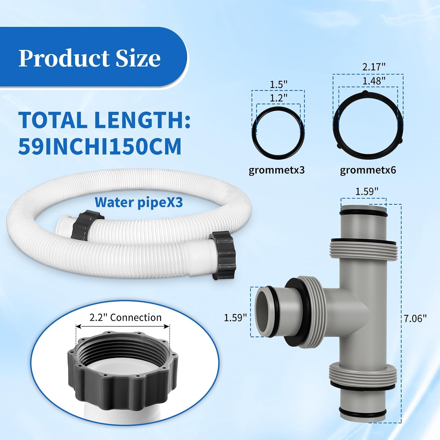 AOIT 1.5" to 1.5" T Joint 29060E Pool Pump Hoses Compatible with In Tex Cole Man Pools-Above Ground Pool Hose 59" Long Fits for Filter Pumps and Sand Filters, 3 Pack（Black）