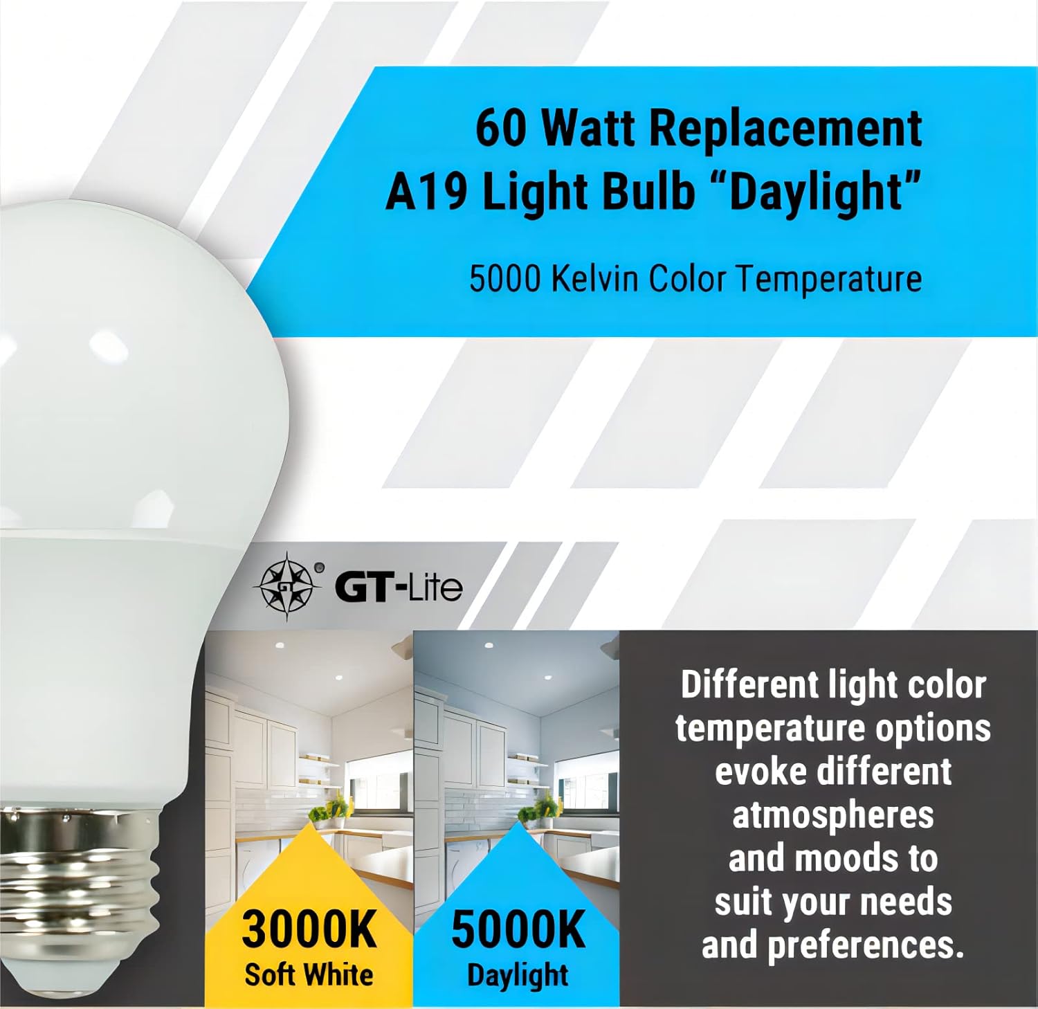 GT-Lite A19 LED Light Bulbs 10 Packs, 60W Equivalent, 5000K Daylight, 9W 800 Lumens LED Bulbs, E26 Base Standard Light Bulbs
