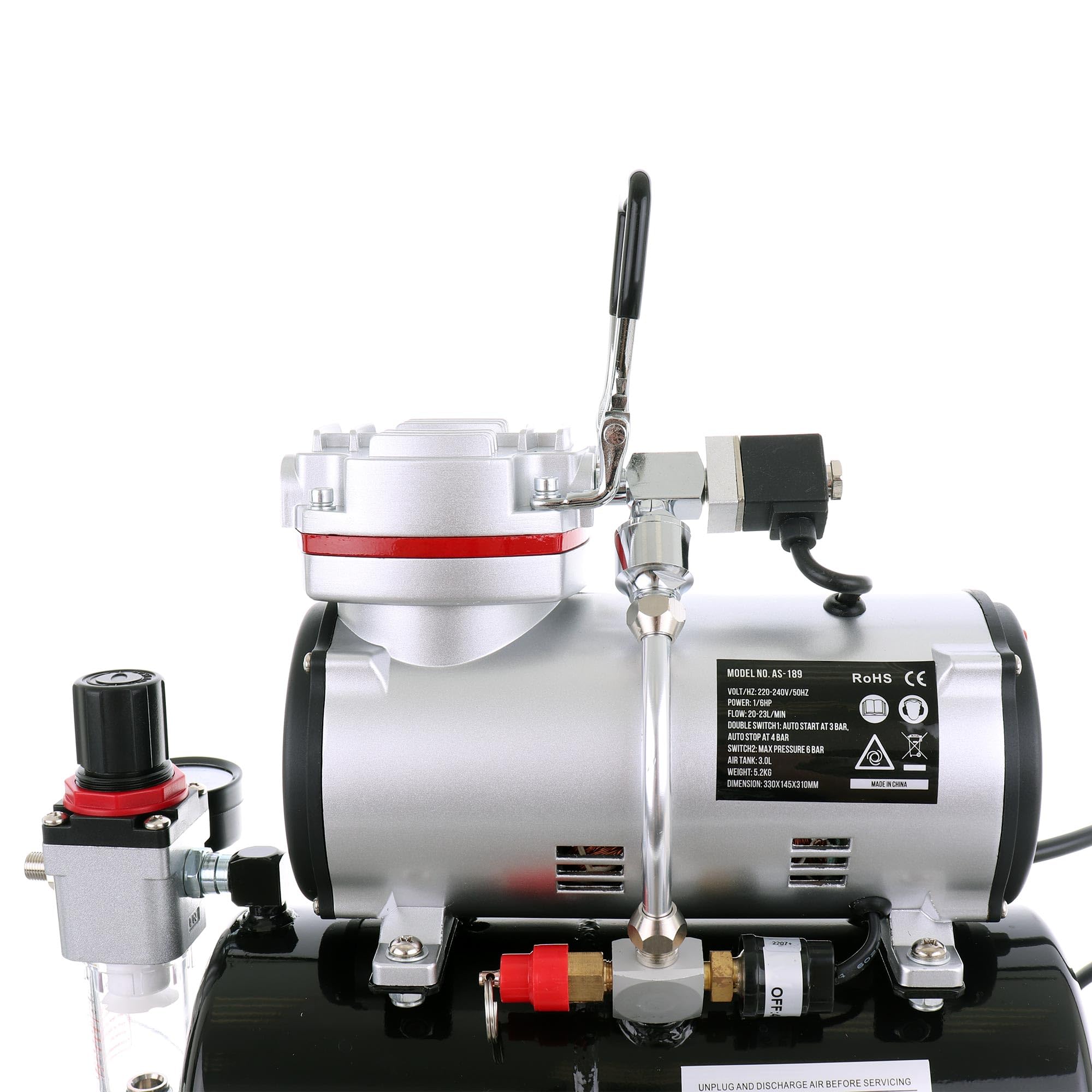 TC TECHNIC - Kompresor do aerografu - Air Compressor - do modelarstwa, z butlą o pojemności 3 l, gwintem 1/8", napięciem 230 V, przepływem 23 l/min, filtrem i regulatorem ciśnienia - AS-189