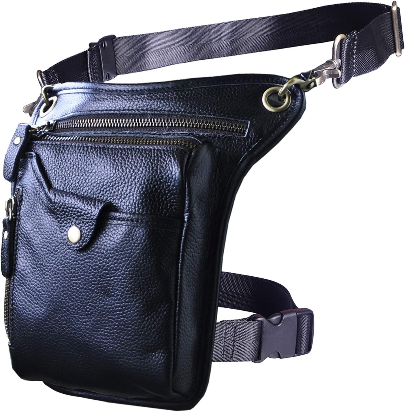 Le'aokuu Mens Womens Genuine Leather Motorcycle Waist Pack Messenger Shoulder Hip Bum Drop Leg Thigh Bag Pouches 211-5 1 Black