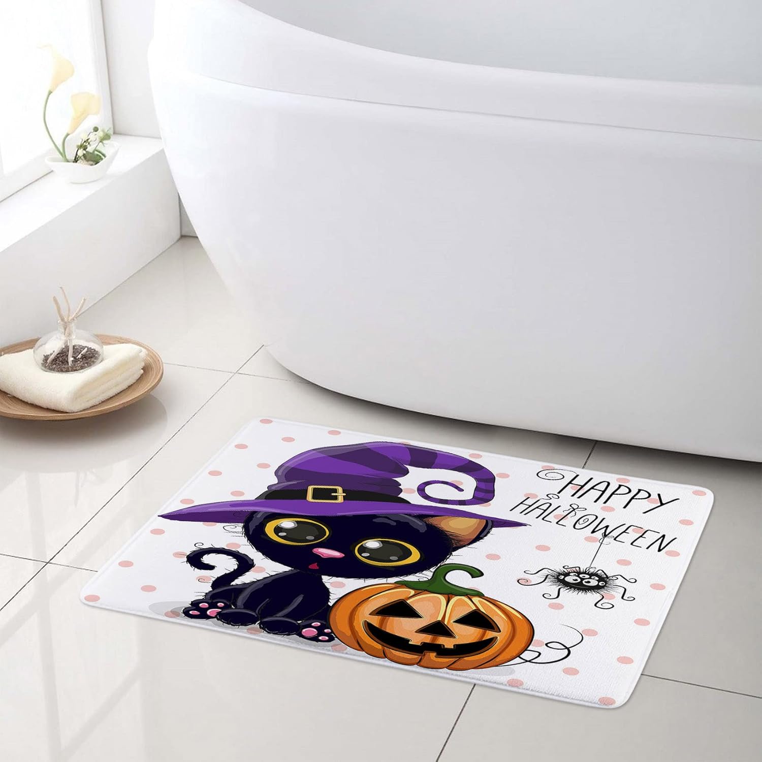 LB Halloween Pumpkin Shower Curtain Sets with Rugs Cartoon Cat Magic Hat Dots Fabric Shower Curtain with Hooks Pink and White Bathroom Curtains Shower Set, 72x72 inches