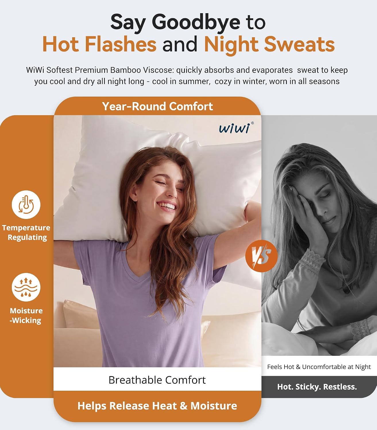 WiWi Bamboo Viscose Shirts for Women, Super Soft Short Sleeve Sleep Pajama Tops, Cooling Satin V Neck Summer Lounge Wear