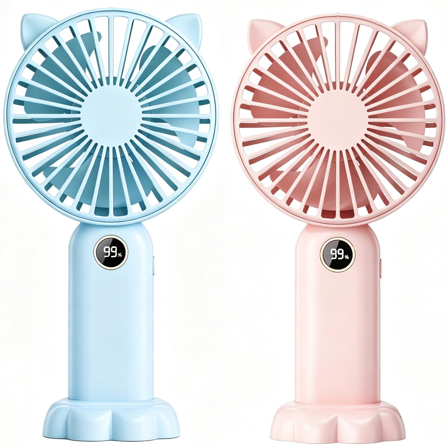 Leehui Mini Portable Hand Held Fan, Handheld USB Rechargeable Fans with 5 Speeds, Cute Cat LED Digital Display Small Desktop Fans With Base for Home Office Bedroom Travel (Pink+Blue)