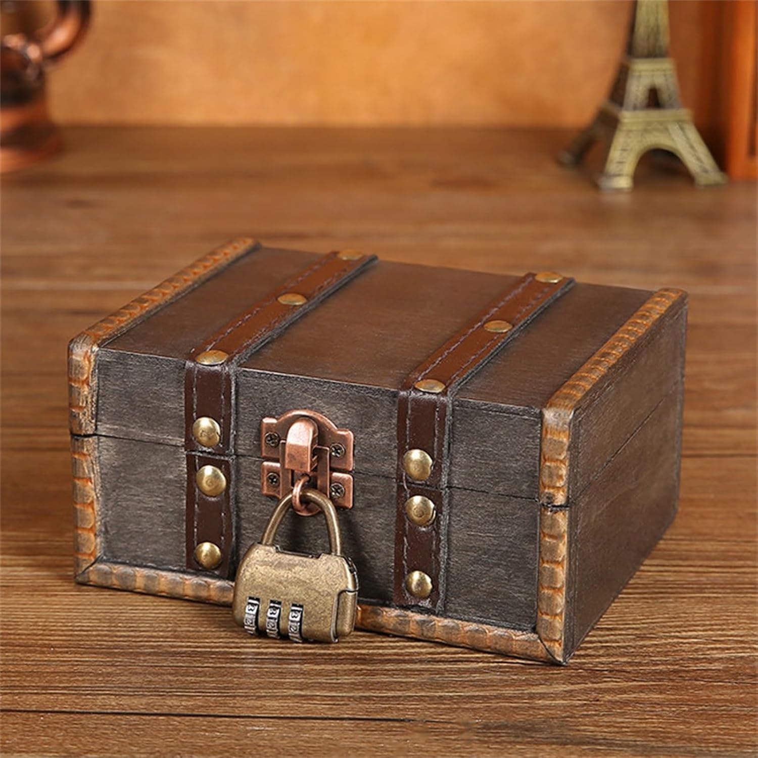 Wood Treasure Chest Vintage Jewellery Storage Wooden Box Classic Decoration Storage Box Decor Storage Chest(C)